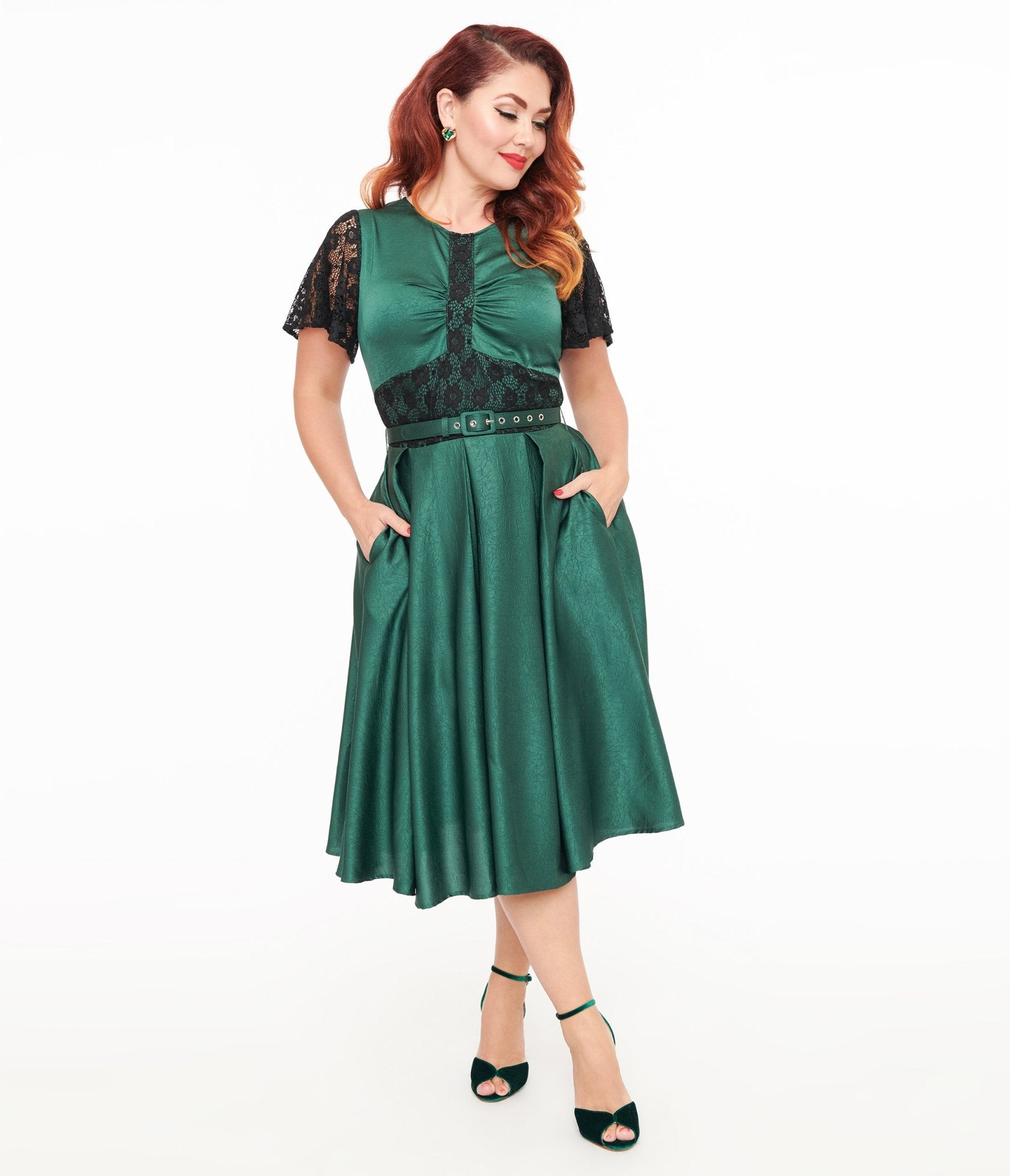 Unique Vintage 1940s Emerald Green & Black Lace Swing Dress - Unique Vintage - Womens, DRESSES, SWING