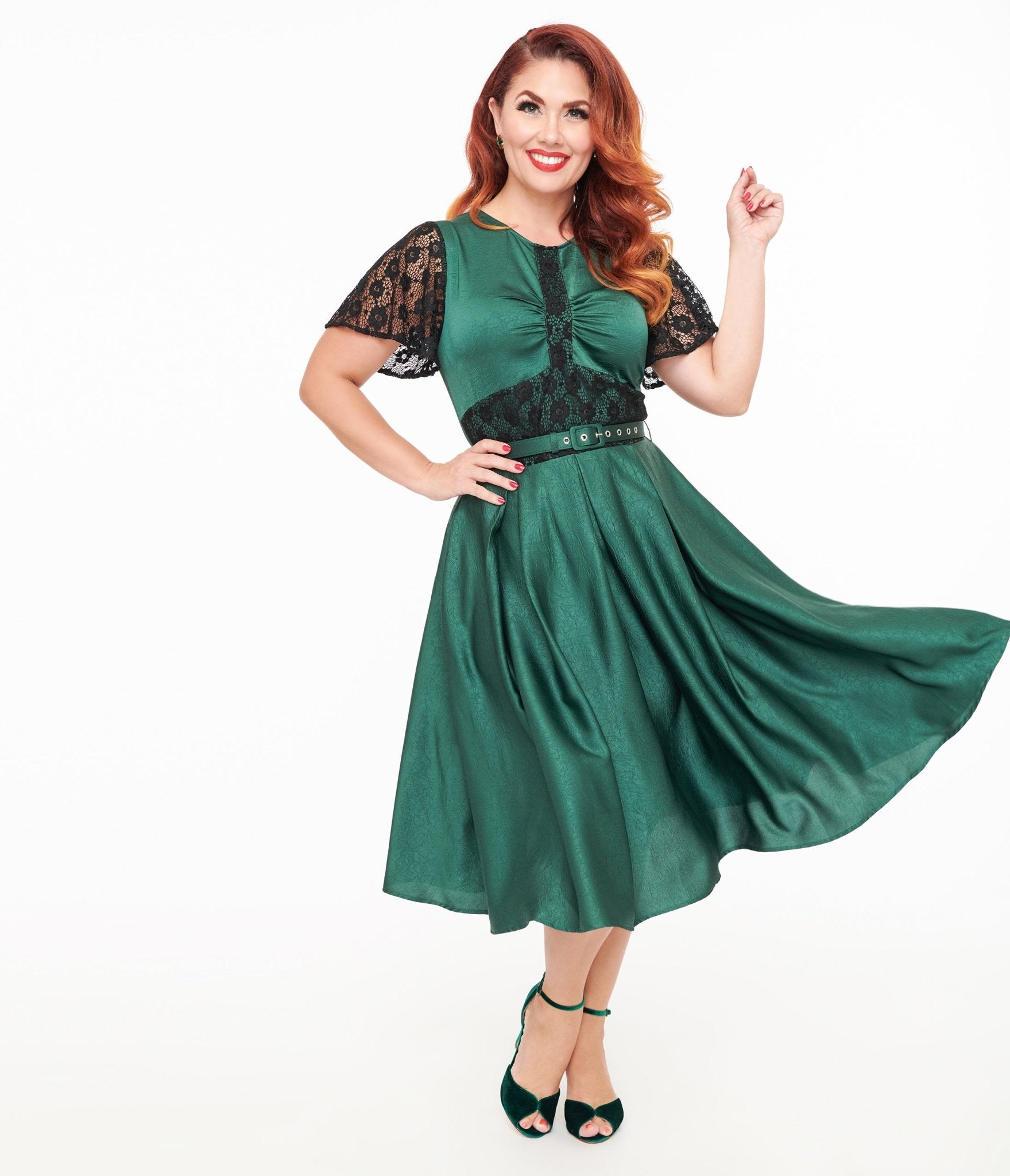 Unique Vintage 1940s Emerald Green & Black Lace Swing Dress - Unique Vintage - Womens, DRESSES, SWING