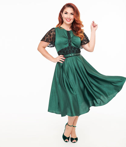 Unique Vintage 1940s Emerald Green & Black Lace Swing Dress - Unique Vintage - Womens, DRESSES, SWING