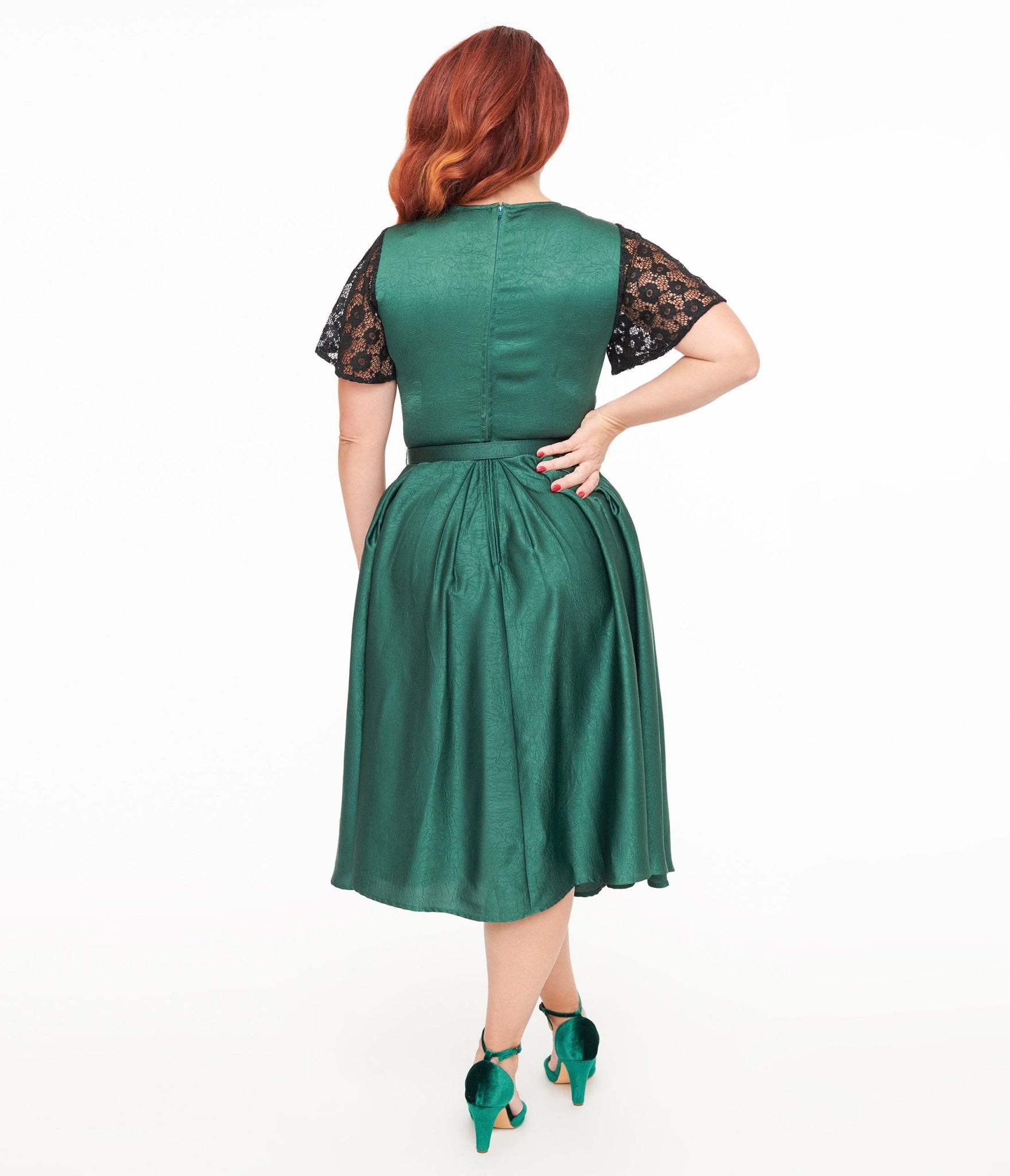 Unique Vintage 1940s Emerald Green & Black Lace Swing Dress - Unique Vintage - Womens, DRESSES, SWING