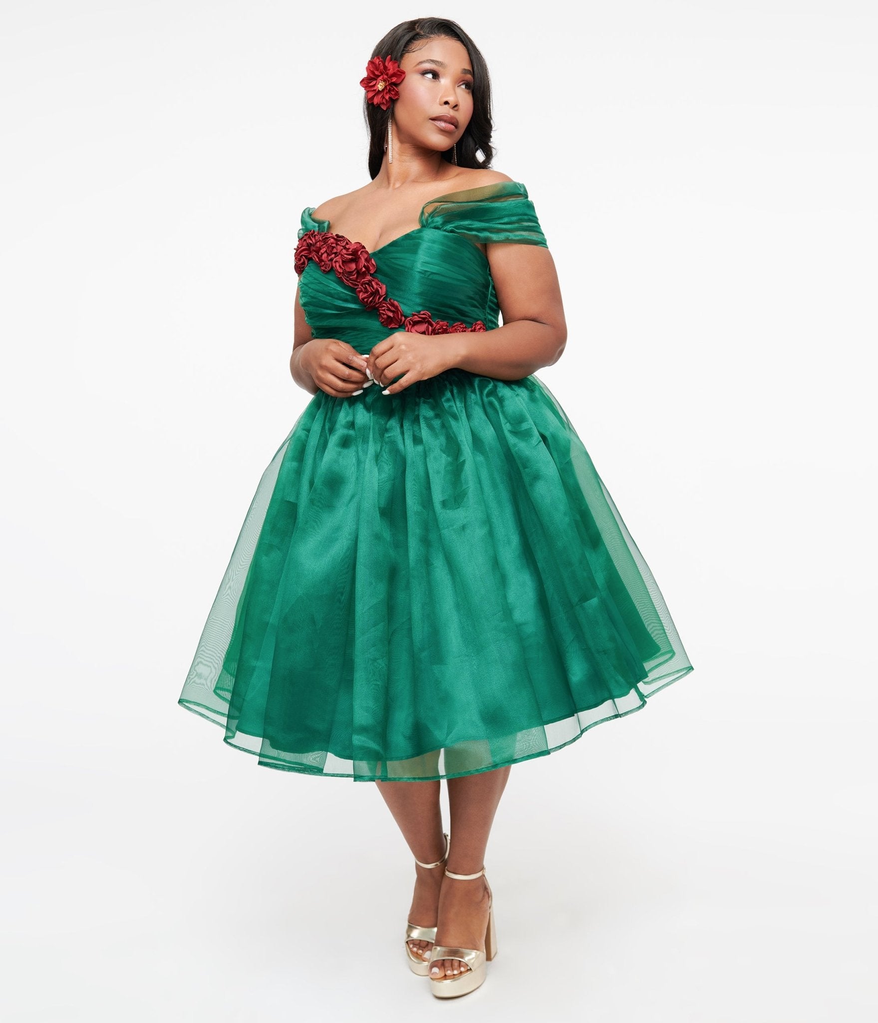 Unique Vintage 1940s Emerald Roses Garden State Swing Dress