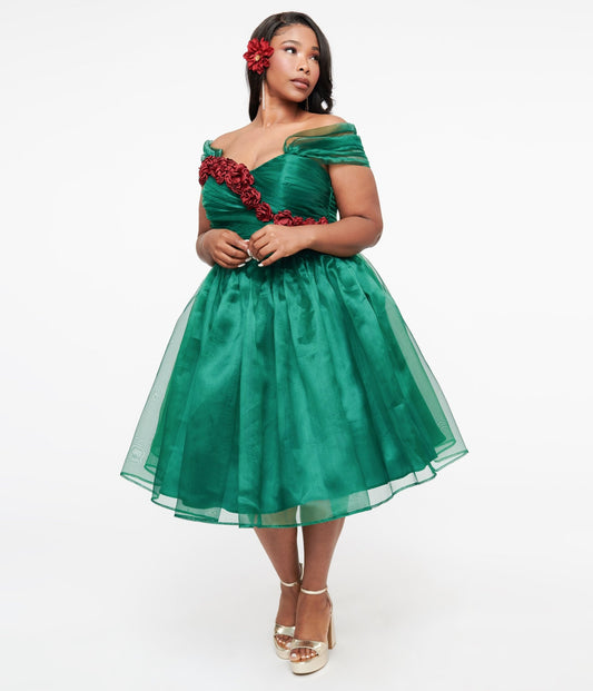 Unique Vintage 1940s Emerald & Roses Garden State Swing Dress - Unique Vintage - Womens, DRESSES, PROM AND SPECIAL OCCASION