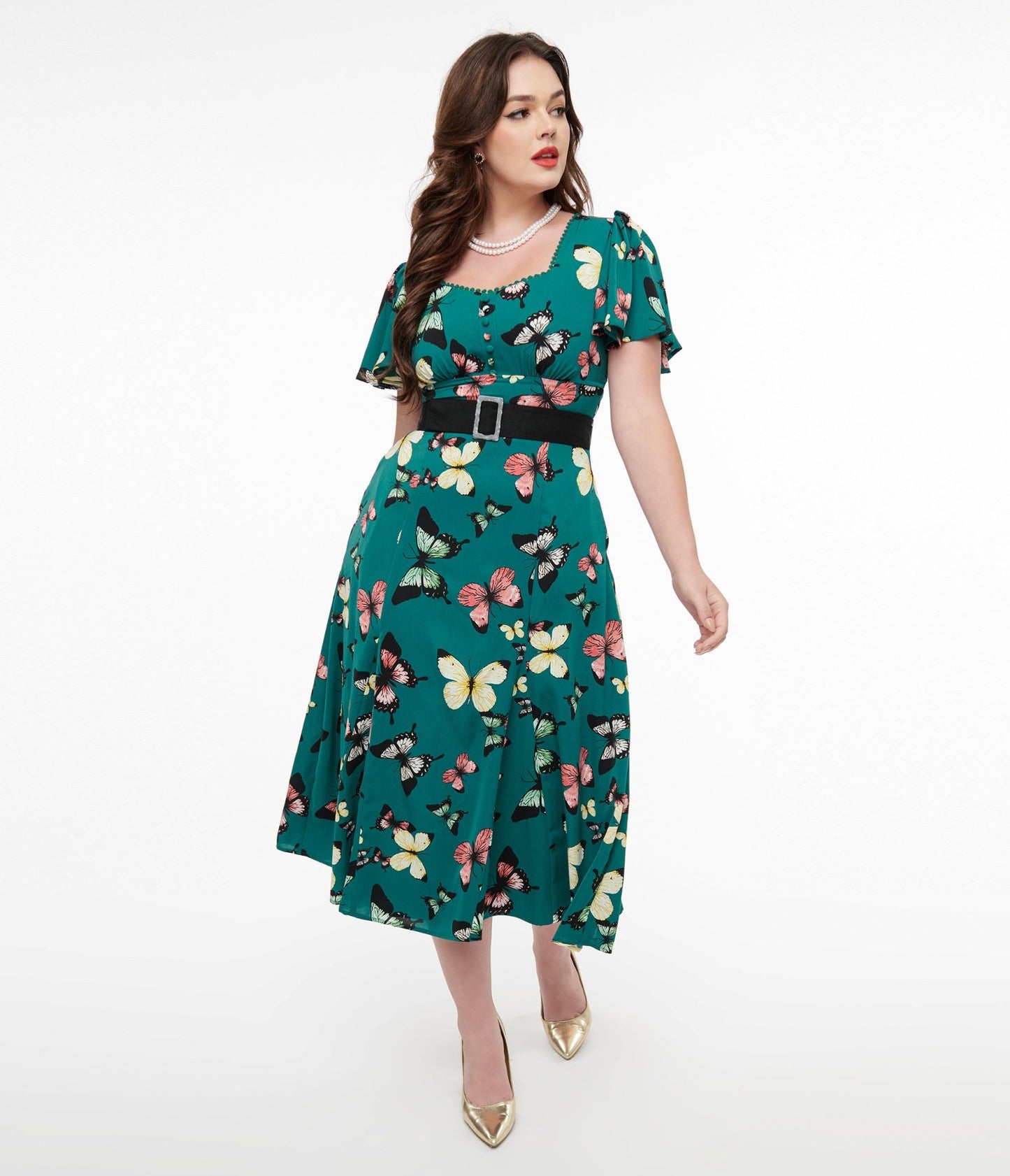 Unique Vintage 1940s Green Butterfly Print Midi Dress - Unique Vintage - Womens, DRESSES, MIDI