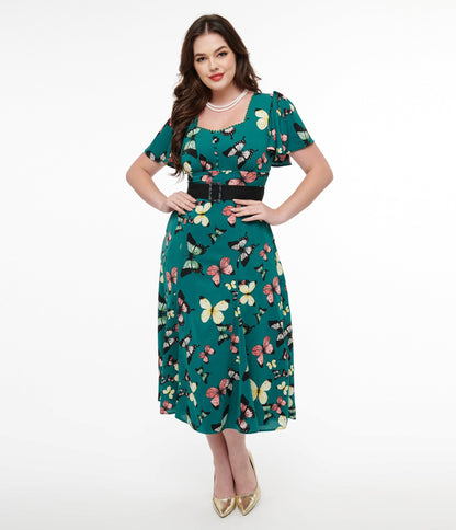 Unique Vintage 1940s Green Butterfly Print Midi Dress - Unique Vintage - Womens, DRESSES, MIDI