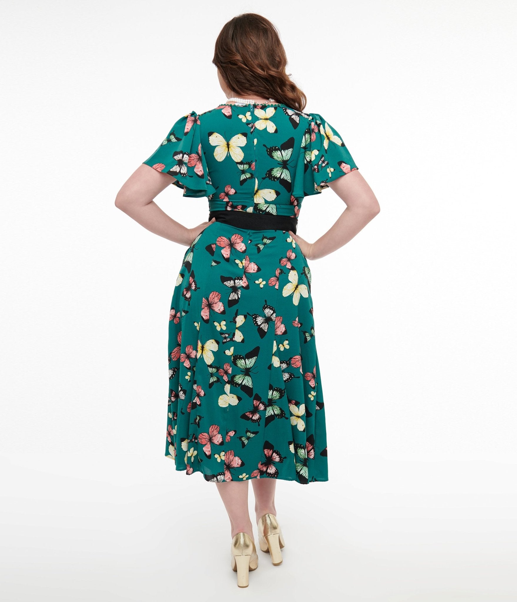 Unique Vintage 1940s Green Butterfly Print Midi Dress - Unique Vintage - Womens, DRESSES, MIDI