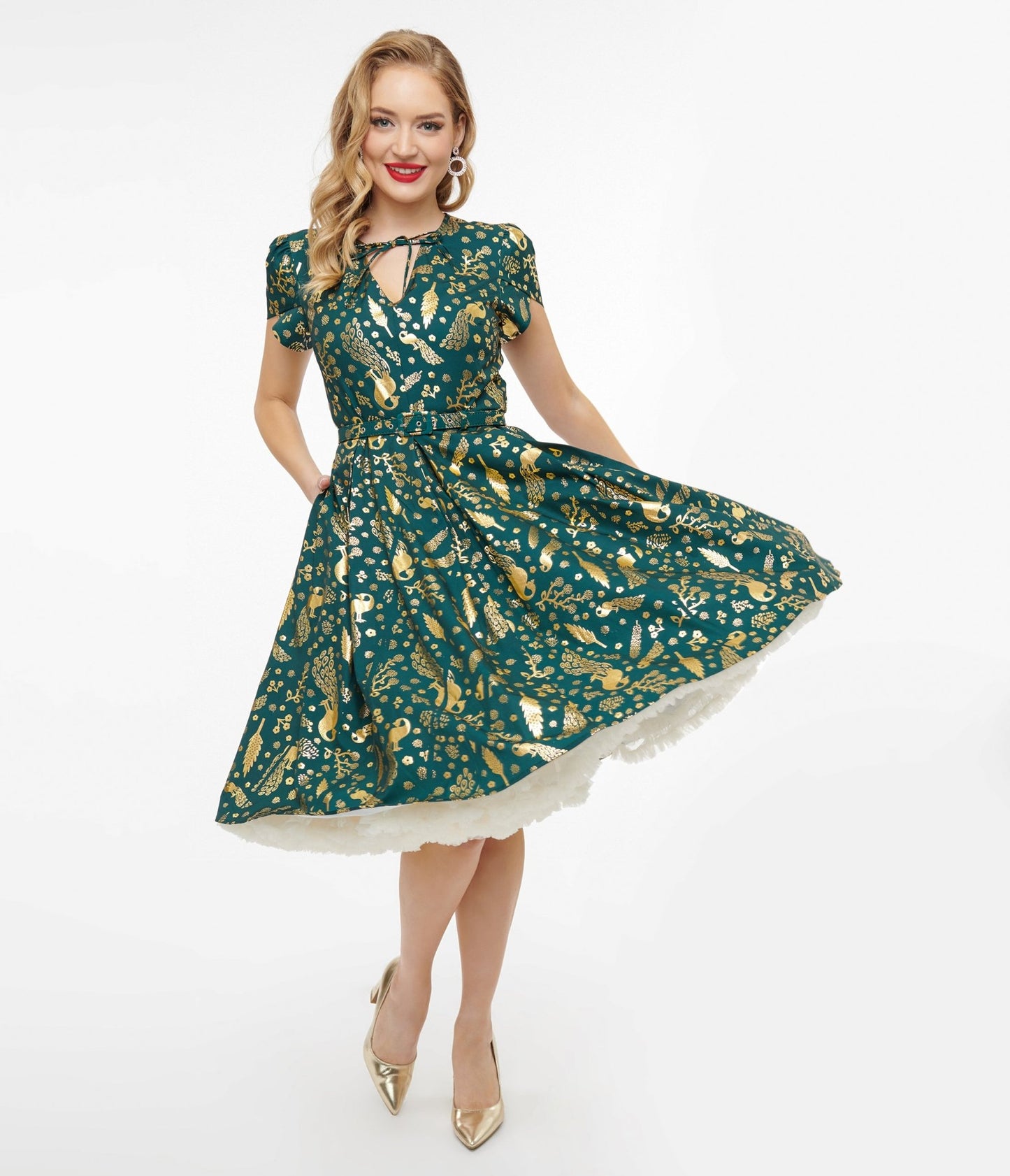 Unique Vintage 1940s Green & Gold Peacock Print Dahlia Swing Dress - Unique Vintage - Womens, DRESSES, SWING