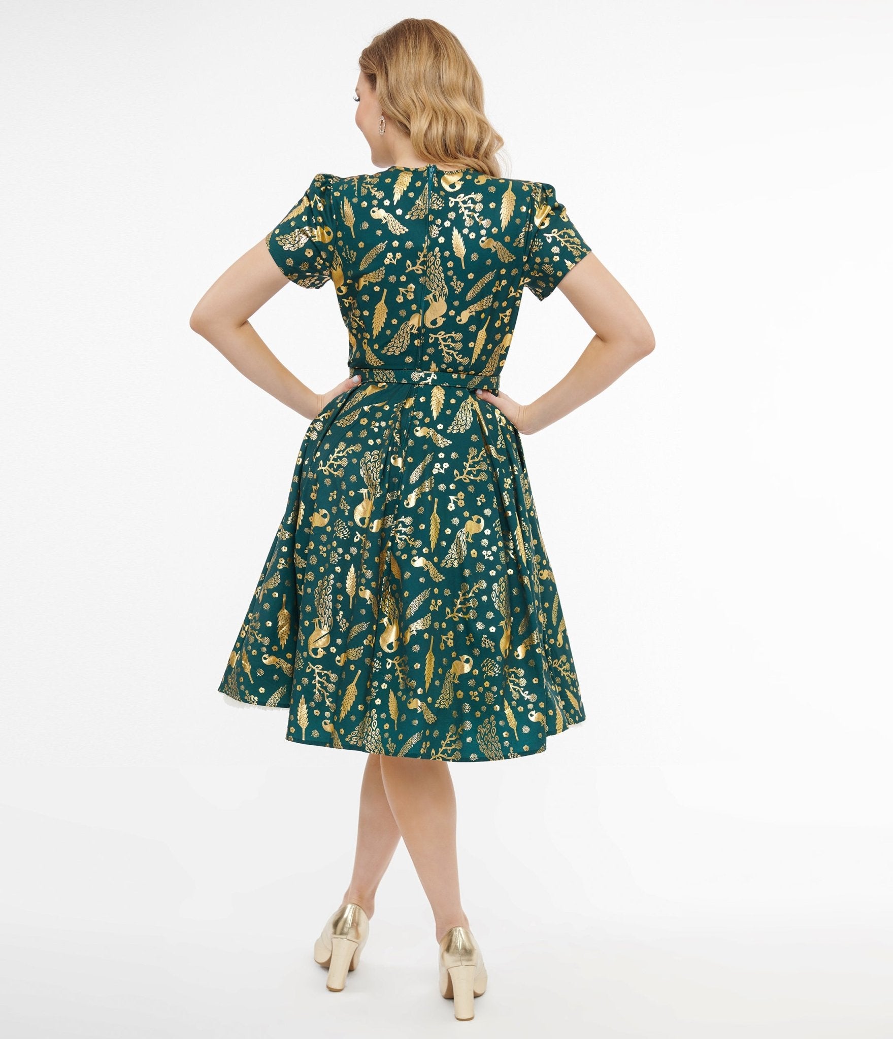 Unique Vintage 1940s Green & Gold Peacock Print Dahlia Swing Dress - Unique Vintage - Womens, DRESSES, SWING