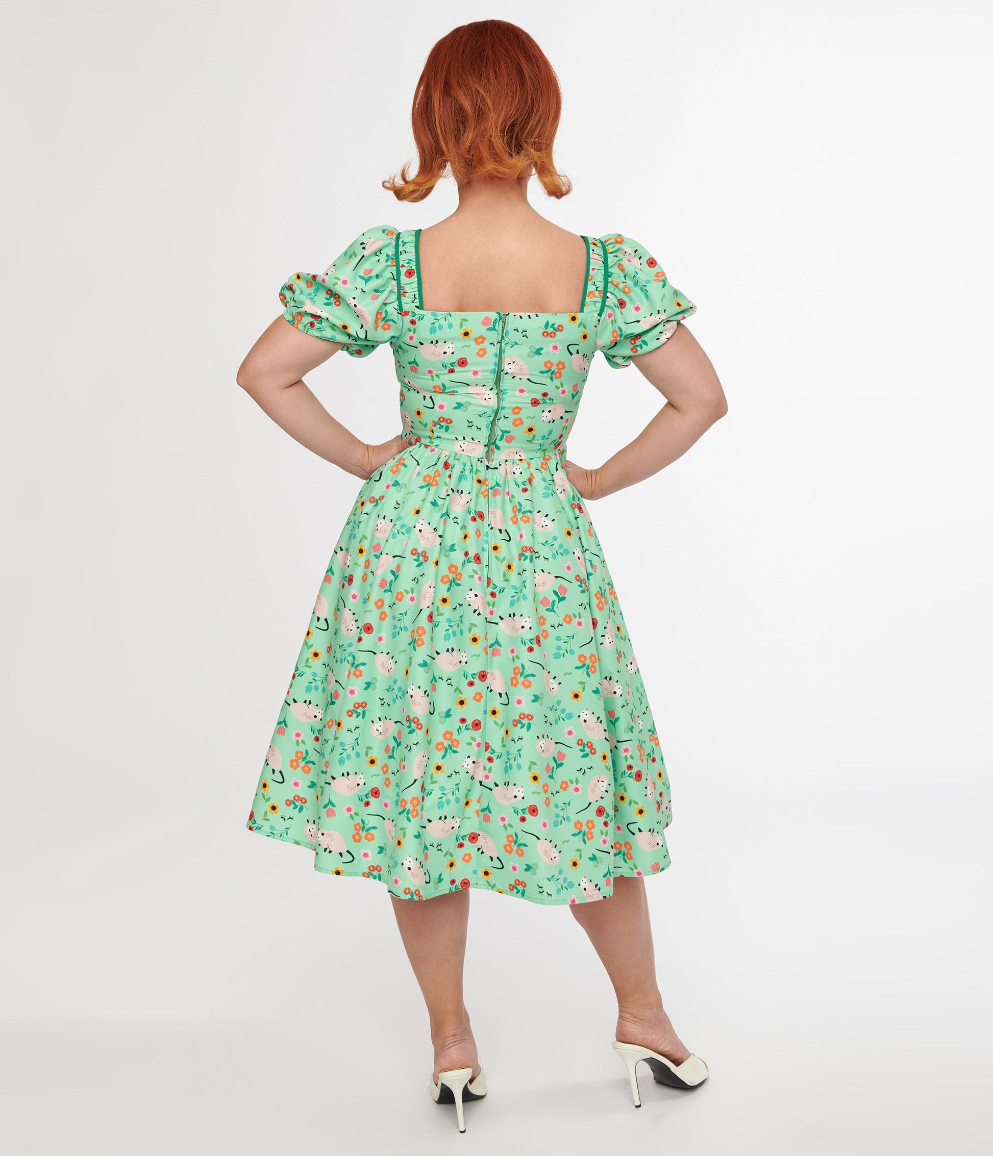 Unique Vintage 1940s Green Possum Print Button Front Dress - Unique Vintage - Womens, DRESSES, SWING