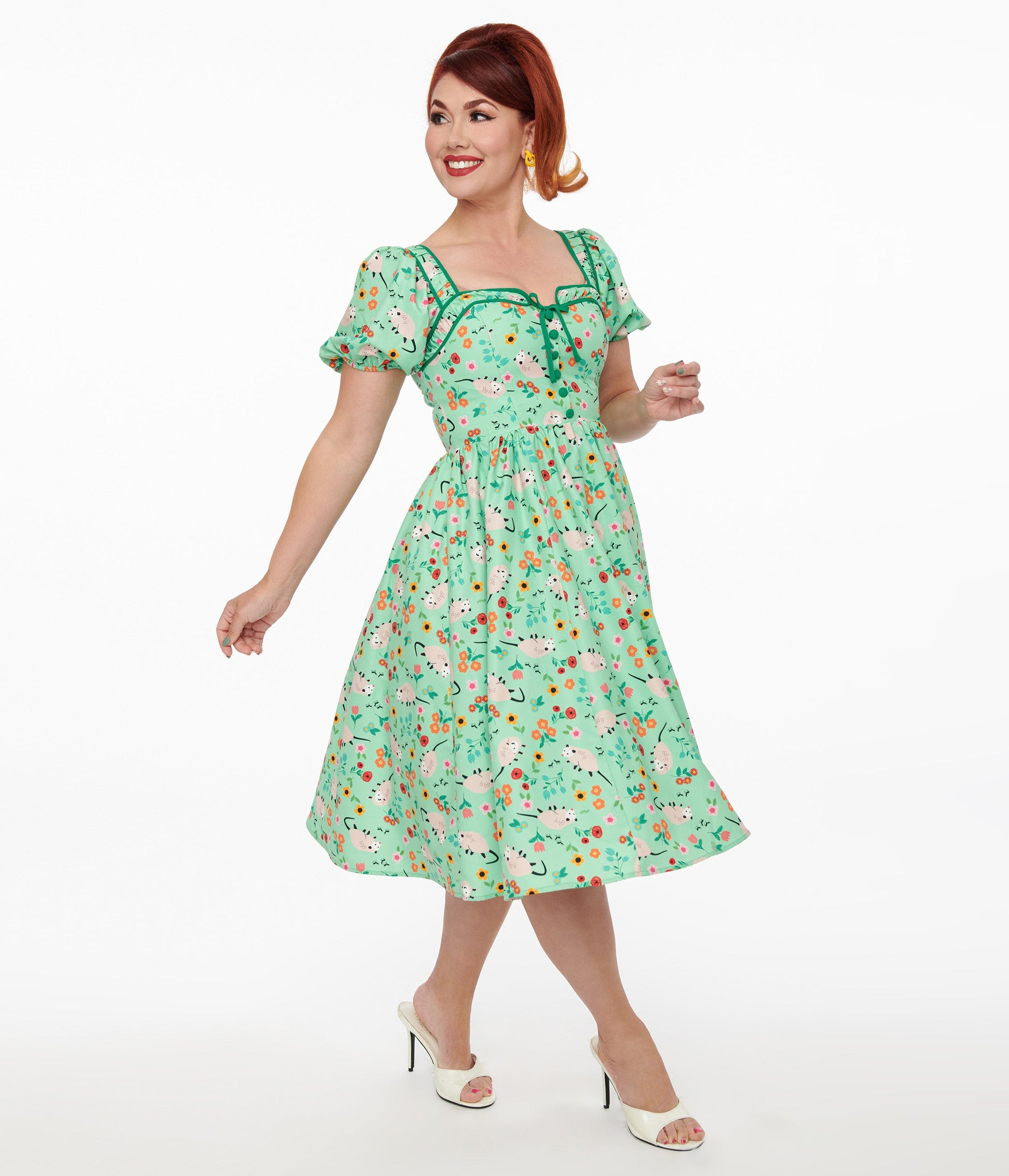 Unique Vintage 1940s Green Possum Print Button Front Dress - Unique Vintage - Womens, DRESSES, SWING