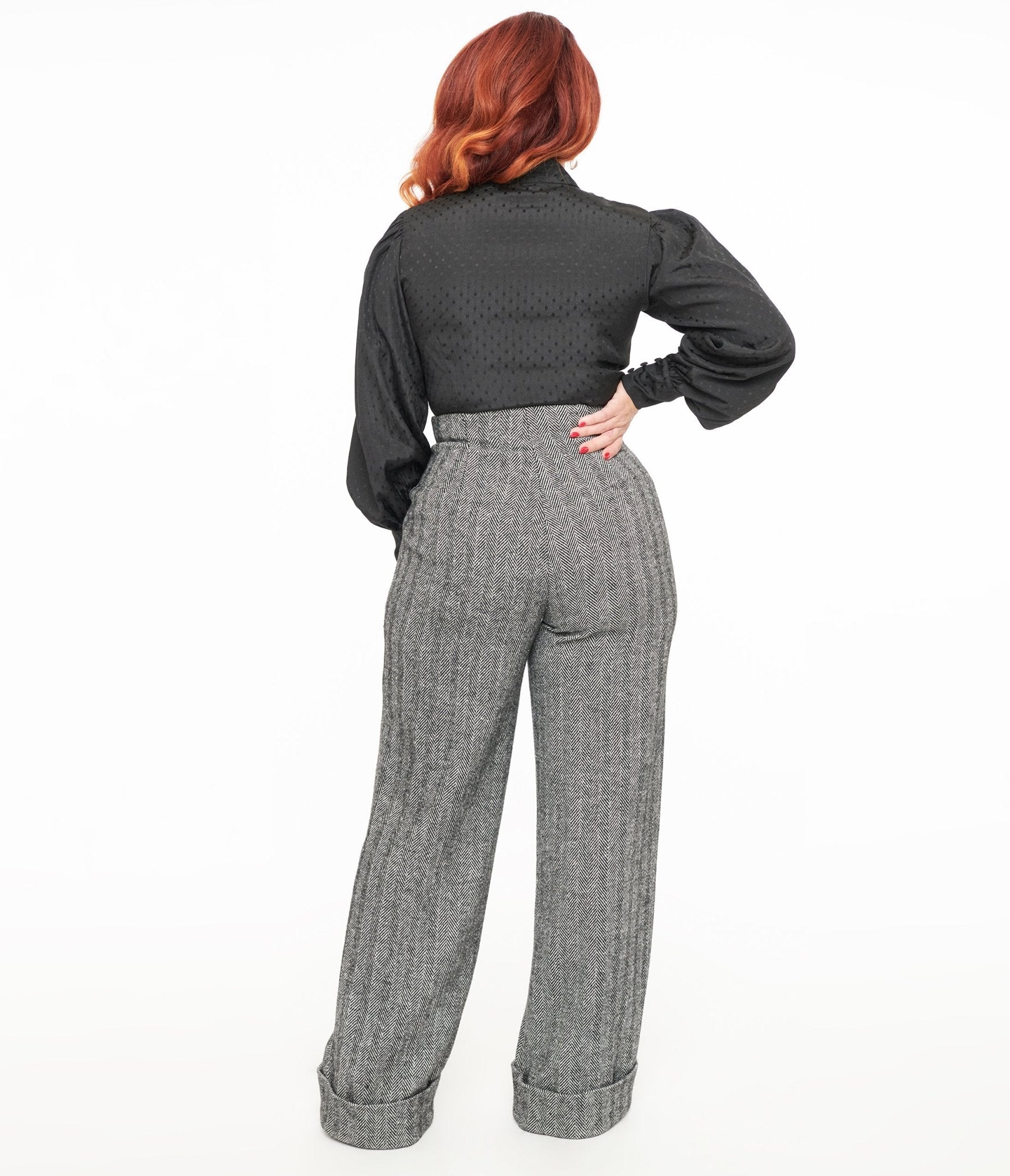 Unique Vintage 1940s Grey Herringbone Buttoned Wide Leg Trousers - Unique Vintage - Womens, BOTTOMS, PANTS