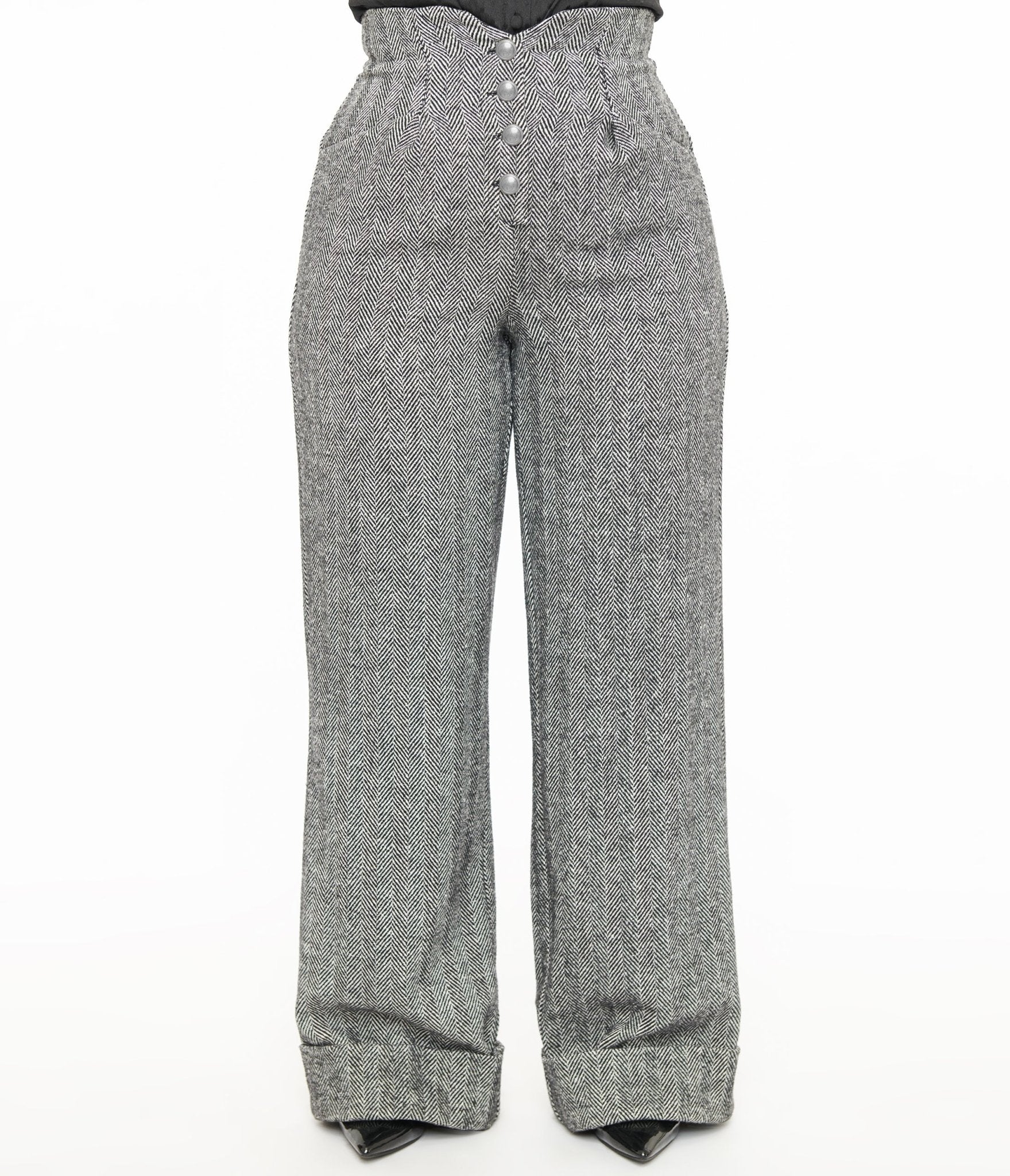 Unique Vintage 1940s Grey Herringbone Buttoned Wide Leg Trousers - Unique Vintage - Womens, BOTTOMS, PANTS