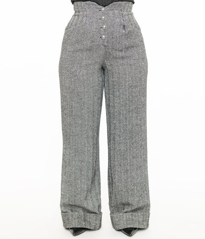 Unique Vintage 1940s Grey Herringbone Buttoned Wide Leg Trousers - Unique Vintage - Womens, BOTTOMS, PANTS