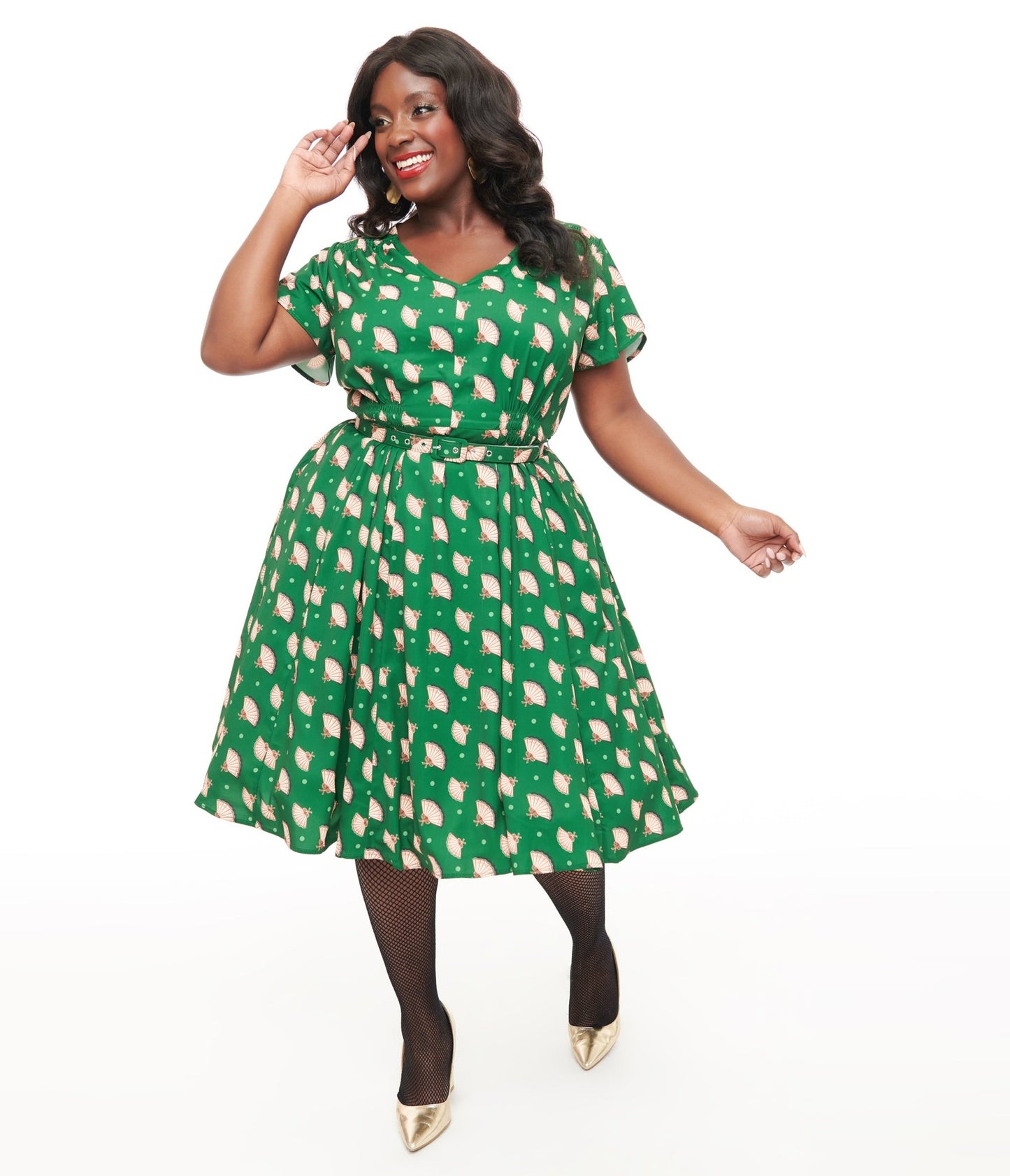 Unique Vintage 1940s Hunter Green Fan Print Tulip Sleeve Swing Dress - Unique Vintage - Womens, DRESSES, SWING