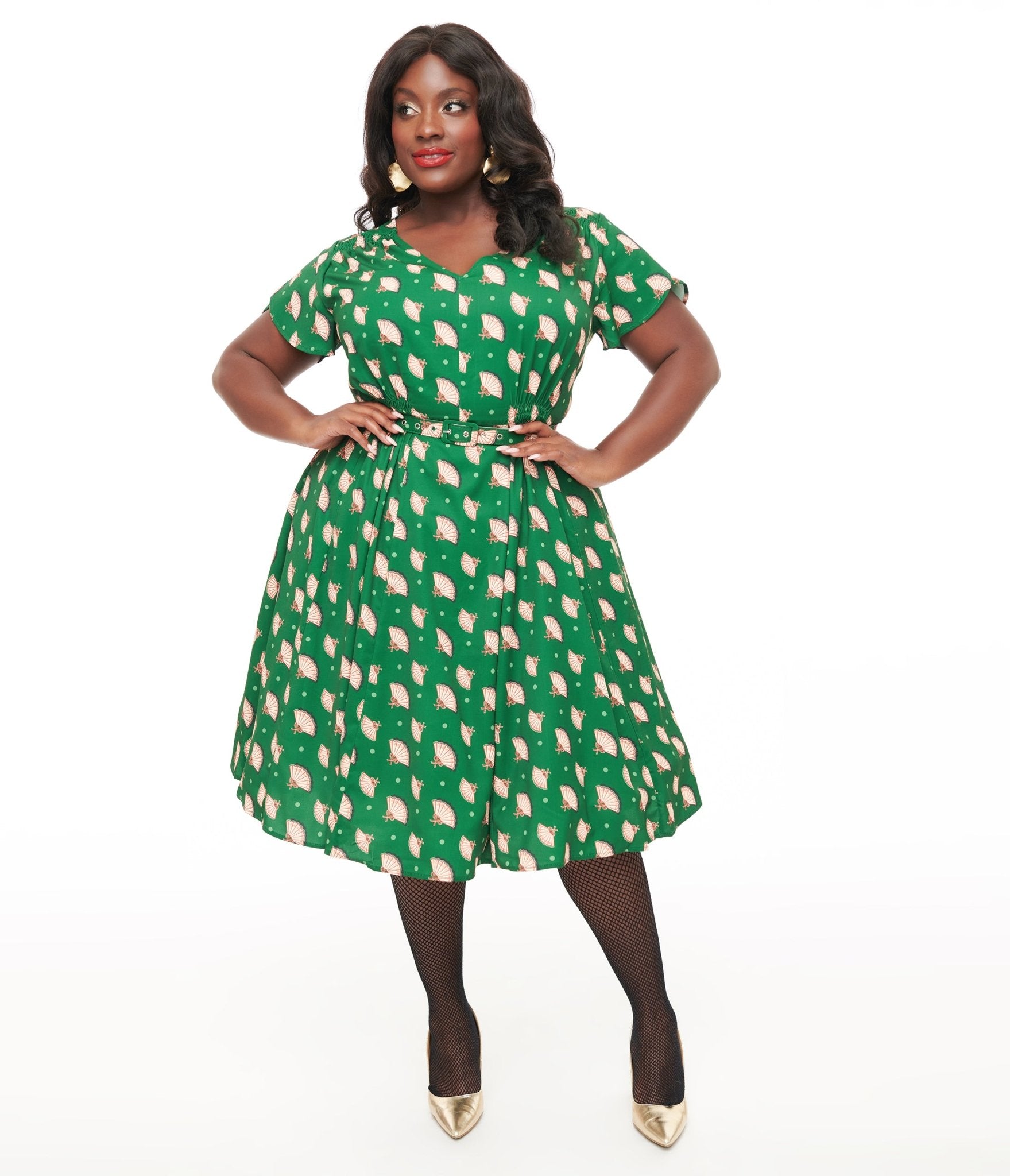 Unique Vintage 1940s Hunter Green Fan Print Tulip Sleeve Swing Dress - Unique Vintage - Womens, DRESSES, SWING