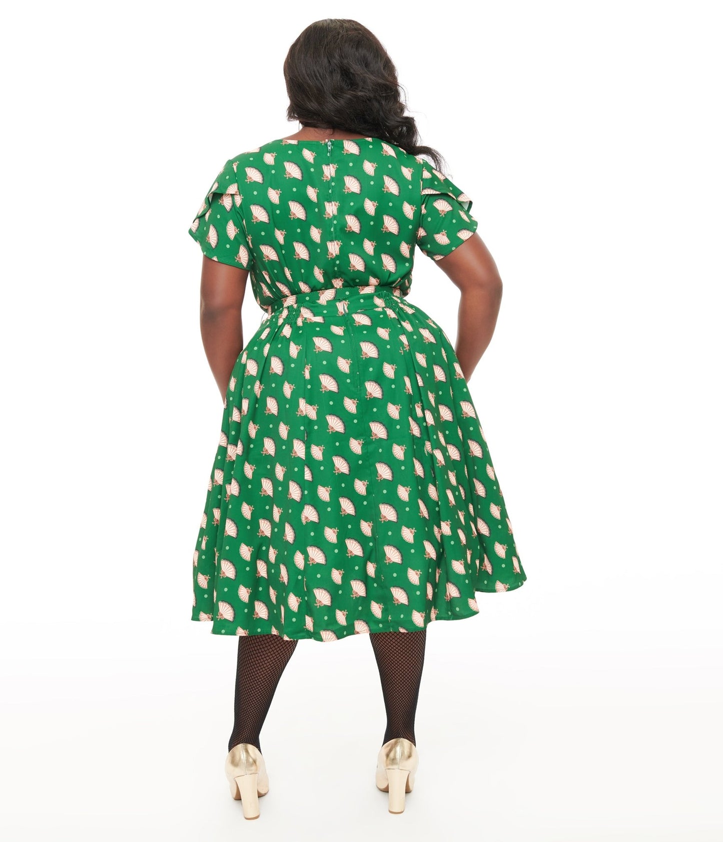 Unique Vintage 1940s Hunter Green Fan Print Tulip Sleeve Swing Dress - Unique Vintage - Womens, DRESSES, SWING