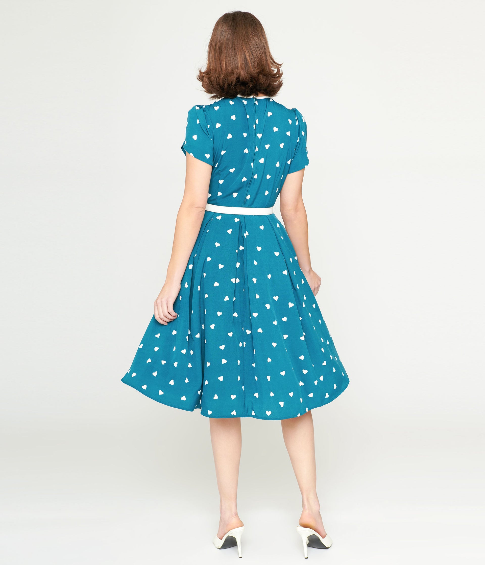 Unique Vintage 1940s Teal & White Heart Dahlia Swing Dress - Unique Vintage - Womens, DRESSES, SWING