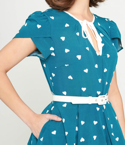 Unique Vintage 1940s Teal & White Heart Dahlia Swing Dress - Unique Vintage - Womens, DRESSES, SWING