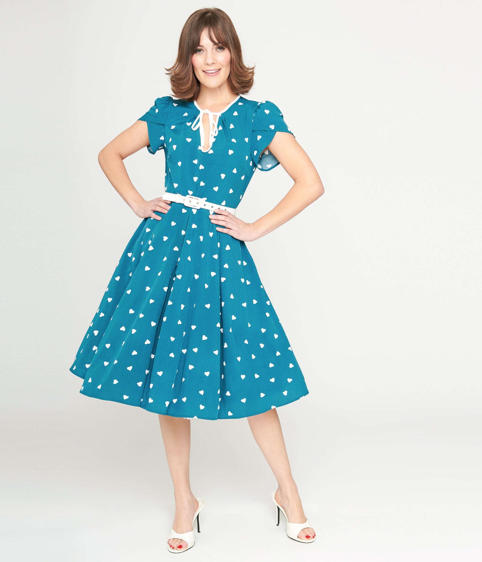 Unique Vintage 1940s Teal & White Heart Dahlia Swing Dress - Unique Vintage - Womens, DRESSES, SWING