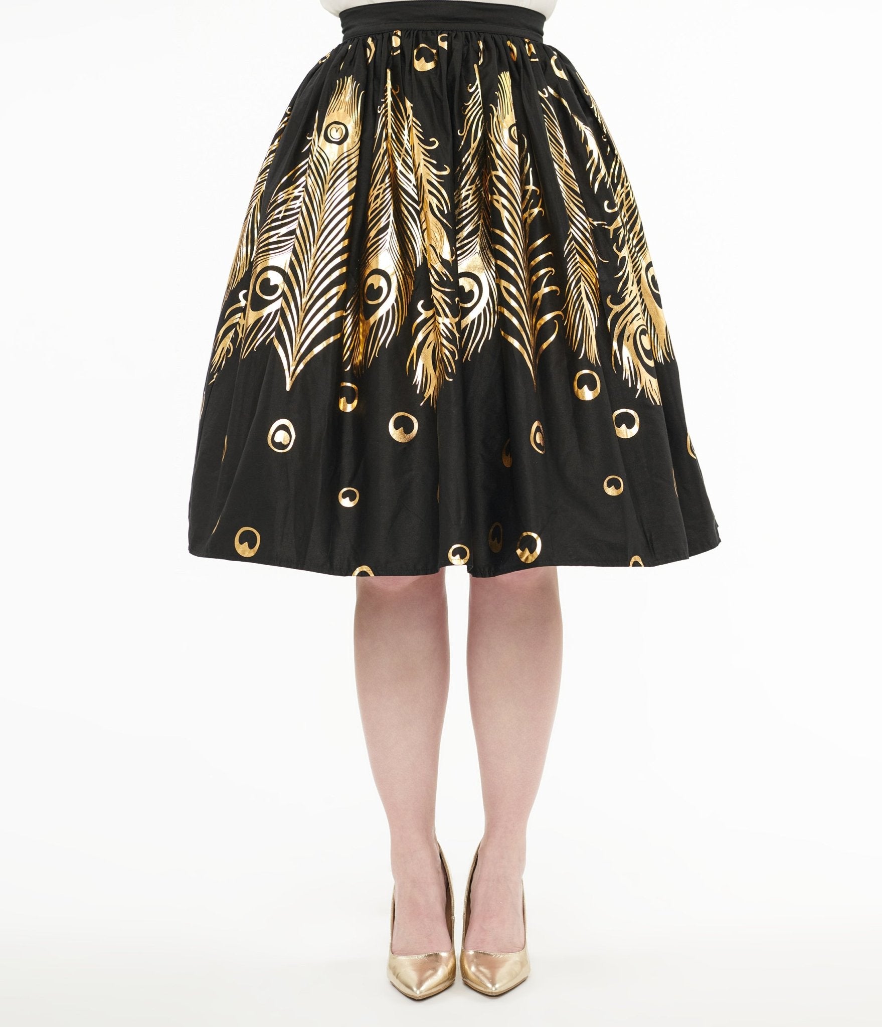 Unique Vintage 1950s Black & Gold Foil Feather Gellar Swing Skirt - Unique Vintage - Womens, BOTTOMS, SKIRTS