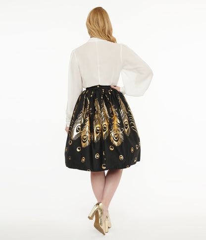 Unique Vintage 1950s Black & Gold Foil Feather Gellar Swing Skirt - Unique Vintage - Womens, BOTTOMS, SKIRTS