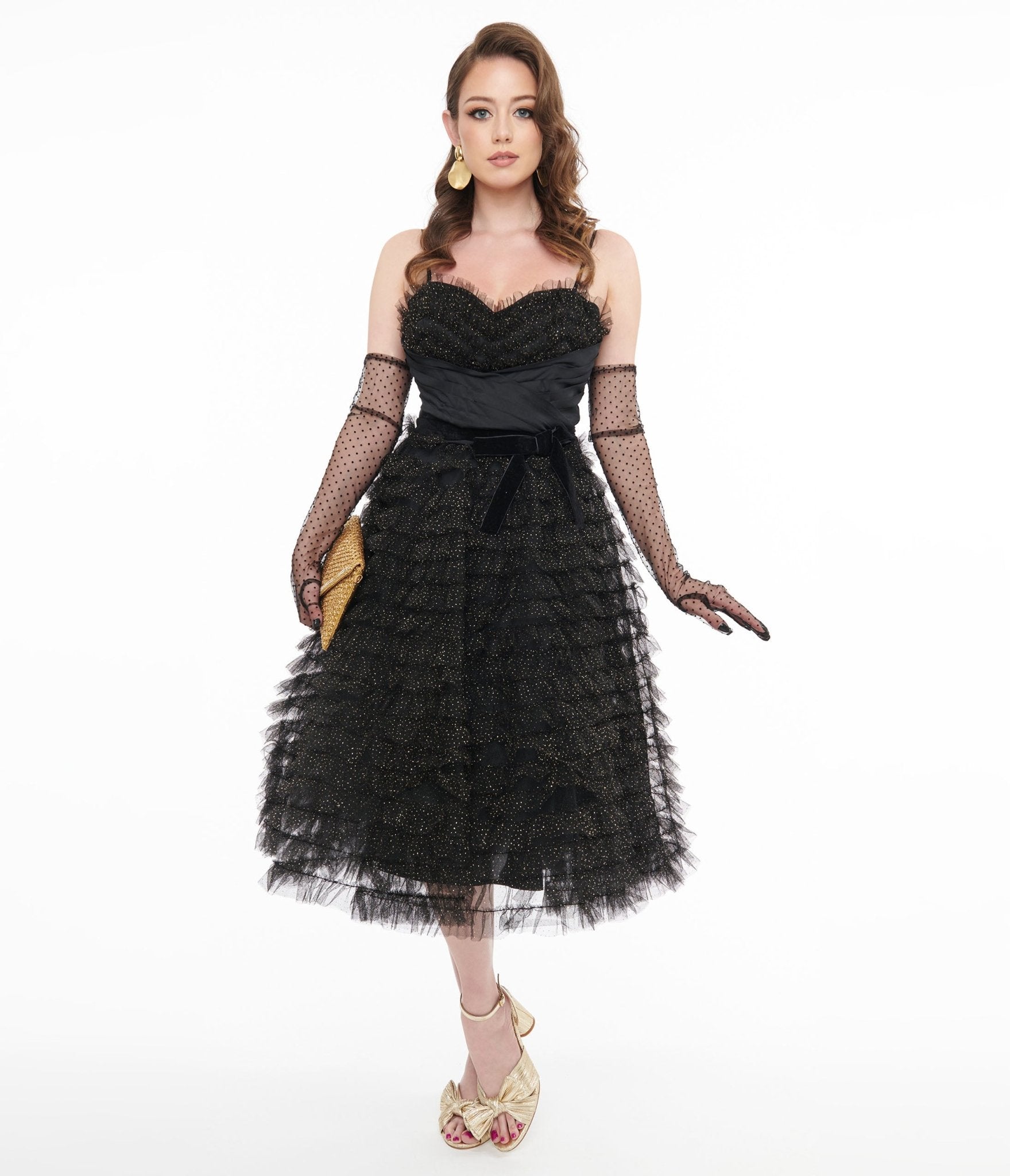 Unique Vintage 1950s Black & Gold Glitter Tulle Cupcake Swing Dress - Unique Vintage - Womens, HALLOWEEN, DRESSES