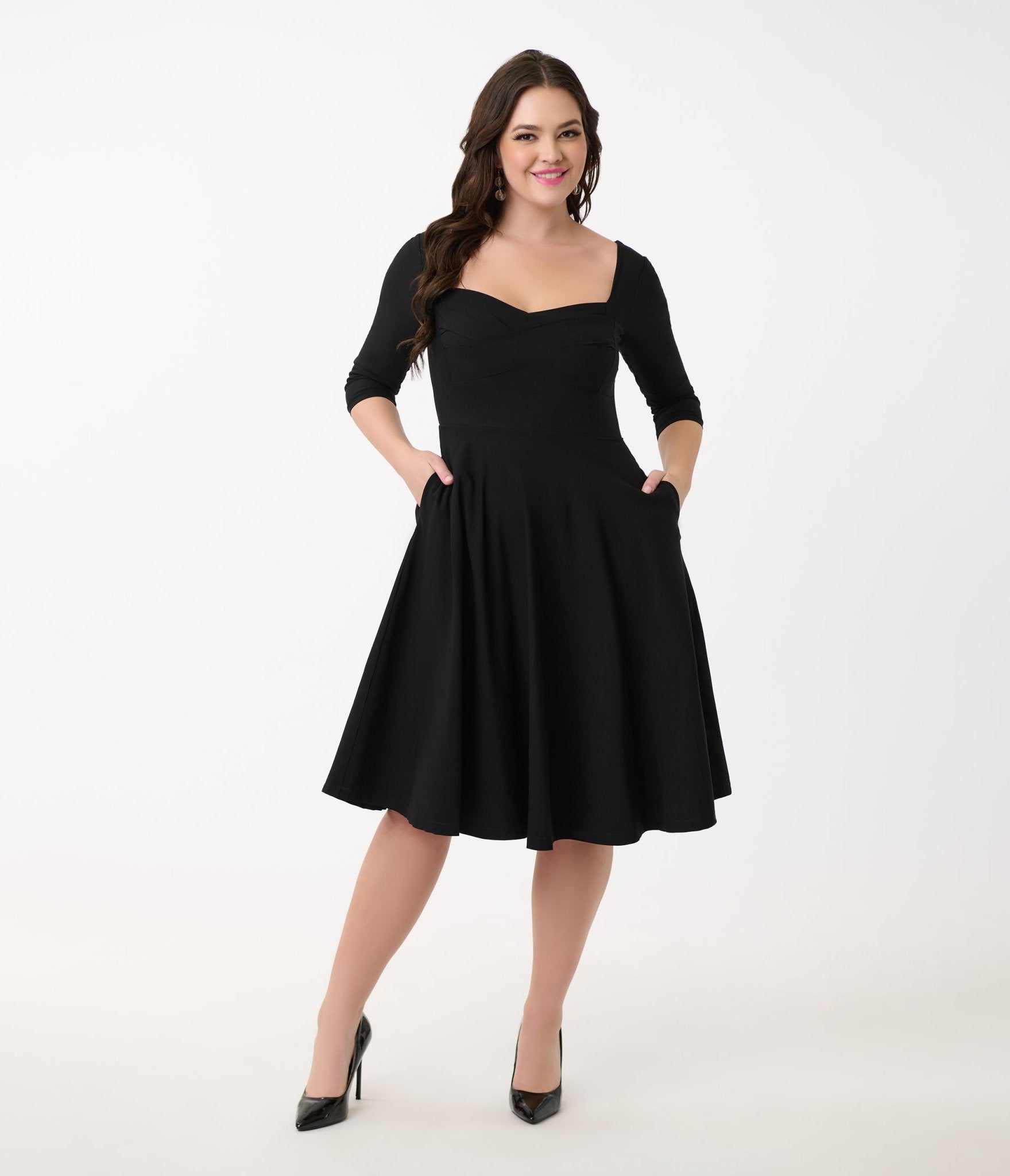 Unique Vintage 1950s Black Pleated Bust Swing Dress - Unique Vintage - Womens, DRESSES, SWING