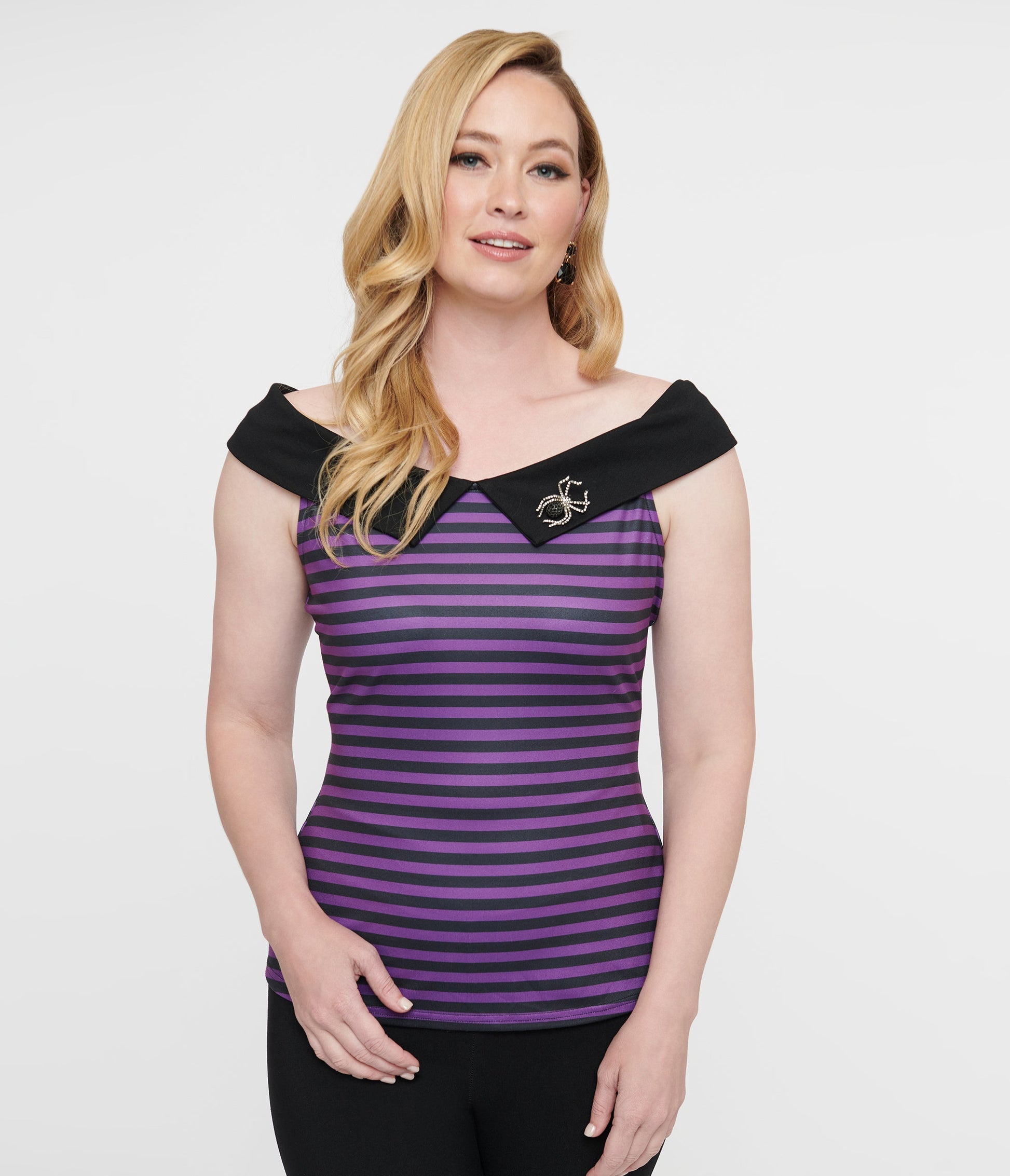 Unique Vintage 1950s Black & Purple Stripe Maraschino Top - Unique Vintage - Womens, HALLOWEEN, TOPS