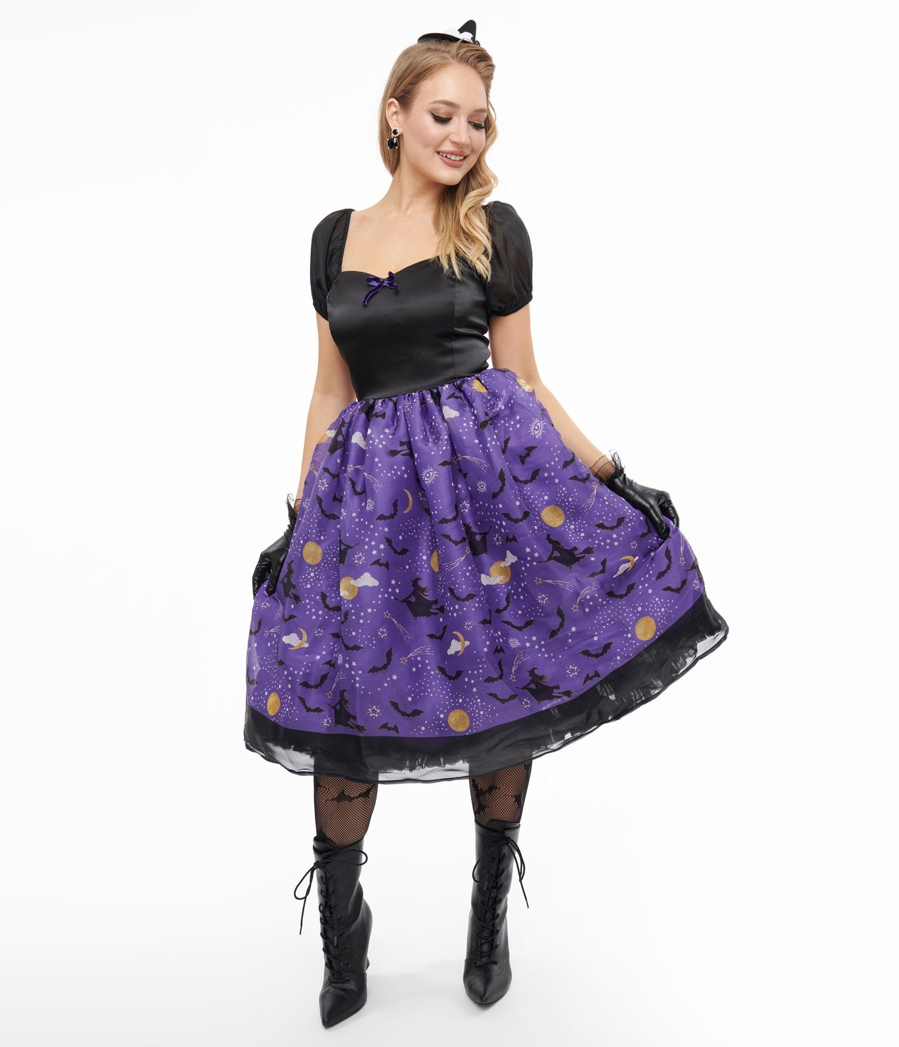 Unique Vintage 1950s Black & Purple Witch Light Up Swing Dress - Unique Vintage - Womens, HALLOWEEN, DRESSES