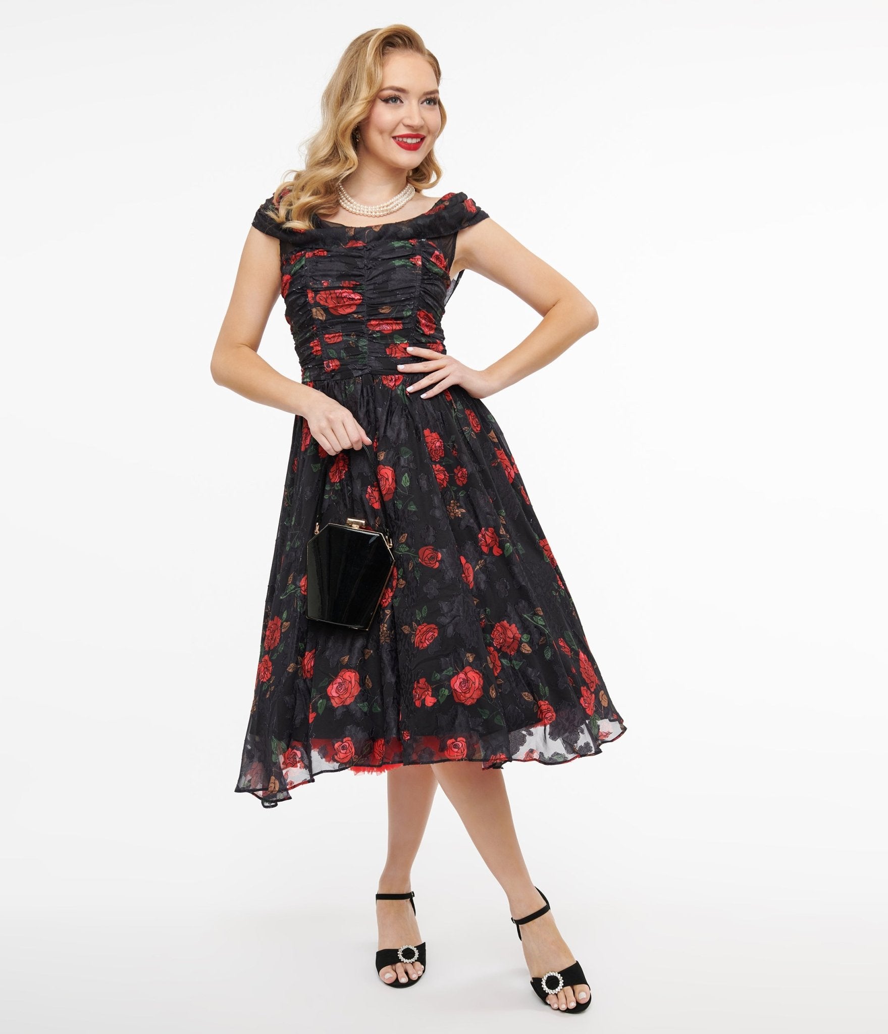 Unique Vintage 1950s Black Red Rose Off The Shoulder Cocktail Dress