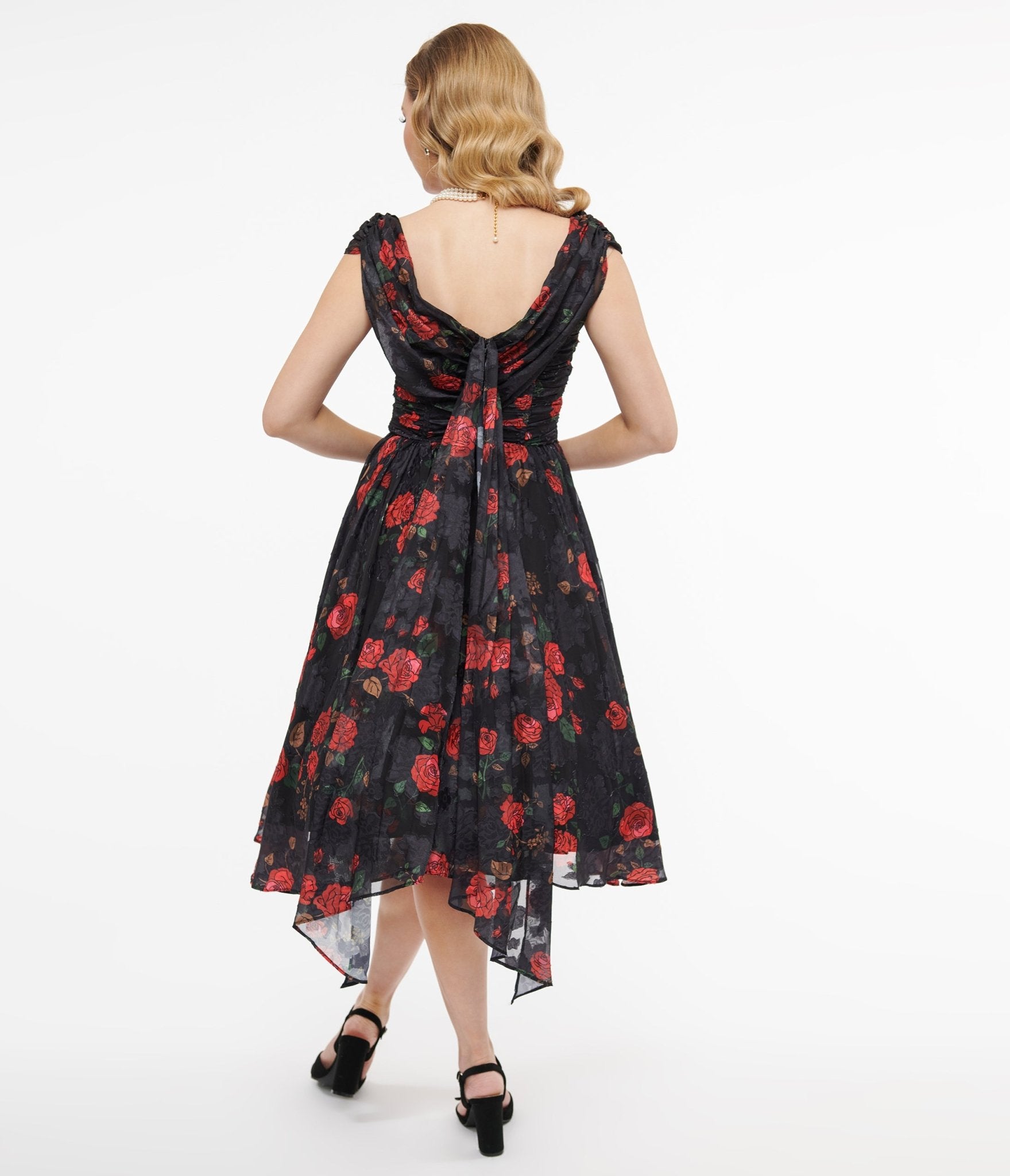 Unique Vintage 1950s Black & Red Rose Off The Shoulder Cocktail Dress - Unique Vintage - Womens, DRESSES, SWING