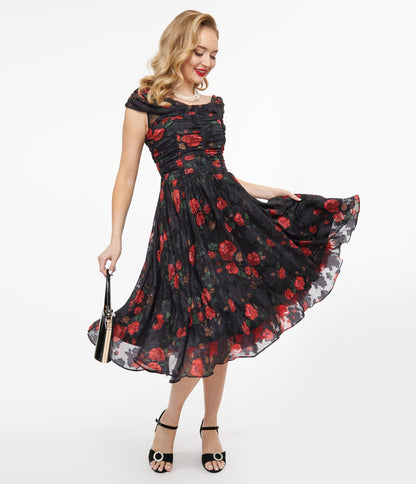 Unique Vintage 1950s Black & Red Rose Off The Shoulder Cocktail Dress - Unique Vintage - Womens, DRESSES, SWING