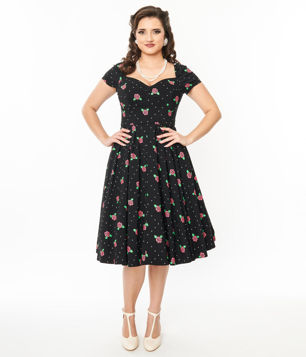 Unique Vintage 1950s Black And Rose Stamp Midge Swing Dress 