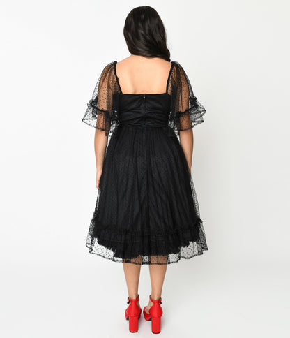 Unique Vintage 1950s Black Ruffle Sweetheart Swing Dress - Unique Vintage - Womens, DRESSES, SWING