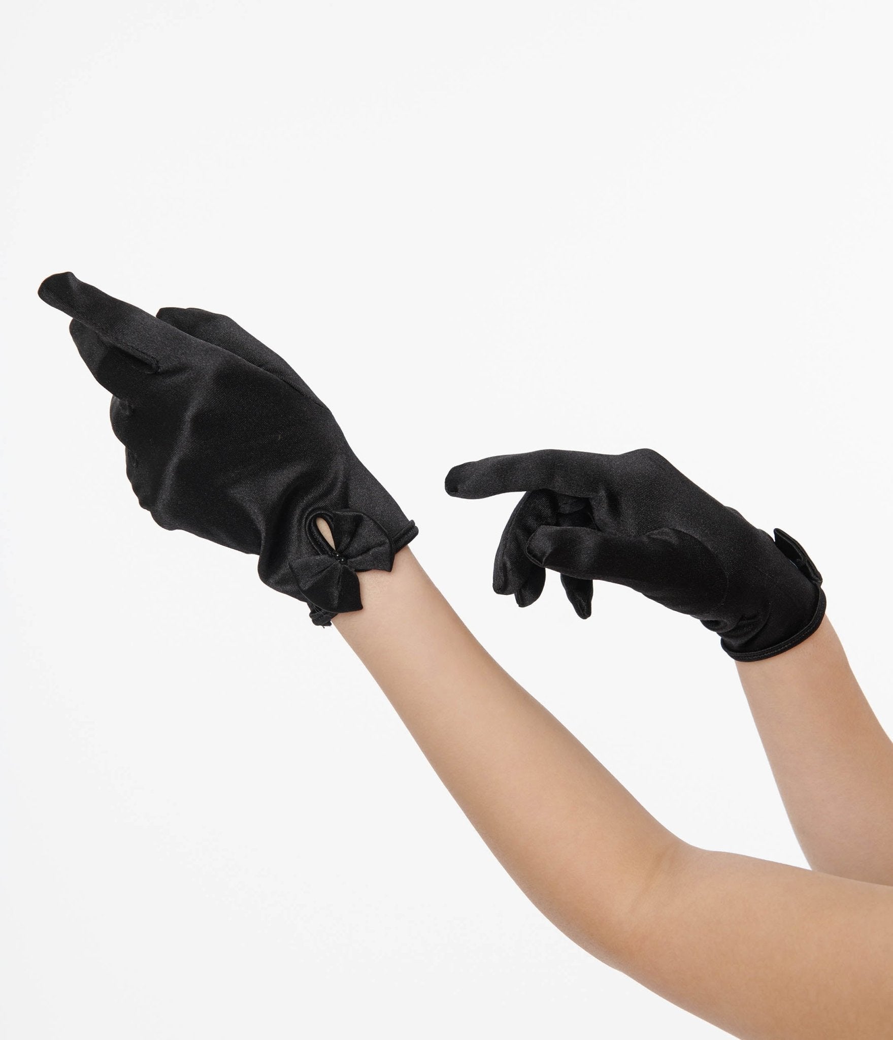 Unique Vintage 1950s Black Satin Bow Gloves - Unique Vintage - Womens, ACCESSORIES, GLOVES/SCARVES