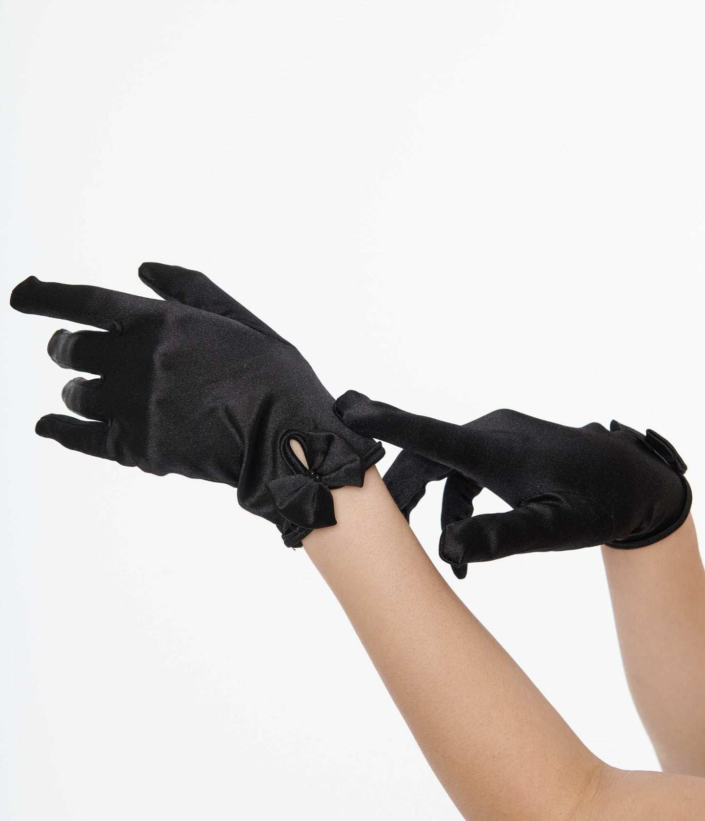 Unique Vintage 1950s Black Satin Bow Gloves - Unique Vintage - Womens, ACCESSORIES, GLOVES/SCARVES