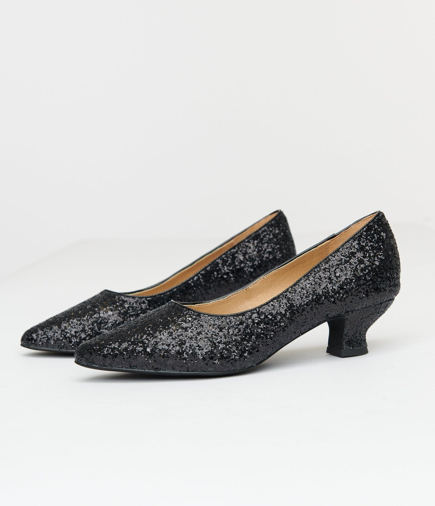 Unique Vintage 1950s Black Sparkle Pointed Kitten Heels - Unique Vintage - Womens, SHOES, HEELS