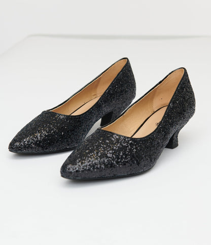 Unique Vintage 1950s Black Sparkle Pointed Kitten Heels - Unique Vintage - Womens, SHOES, HEELS