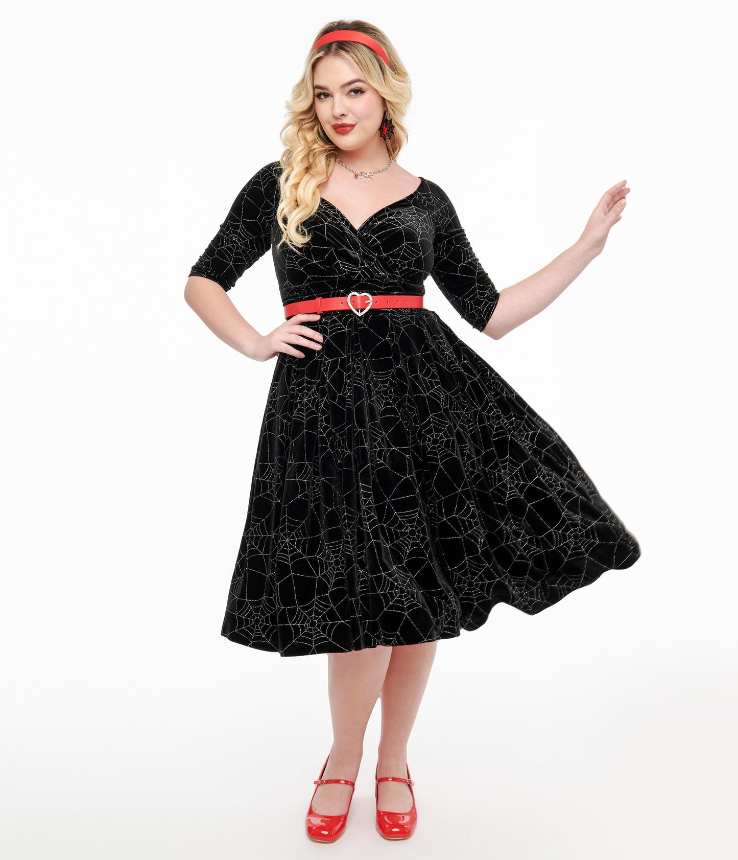 Unique Vintage 1950s Black Velvet & Silver Spiderweb Marceline Swing Dress - Unique Vintage - Womens, HALLOWEEN, DRESSES