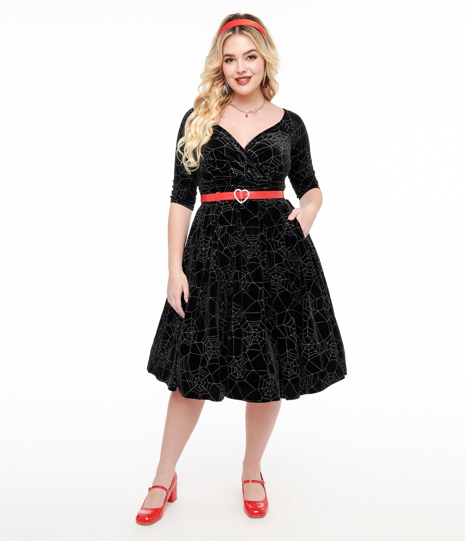 Unique Vintage 1950s Black Velvet & Silver Spiderweb Marceline Swing Dress - Unique Vintage - Womens, HALLOWEEN, DRESSES