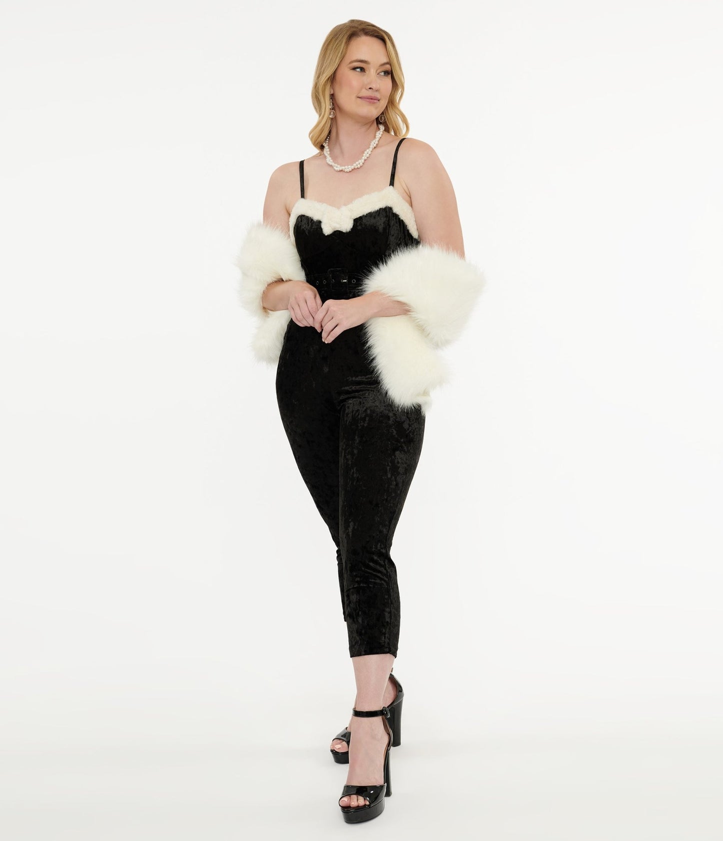 Unique Vintage 1950s Black & White Faux Fur Cropped Jumpsuit - Unique Vintage - Womens, BOTTOMS, ROMPERS AND JUMPSUITS