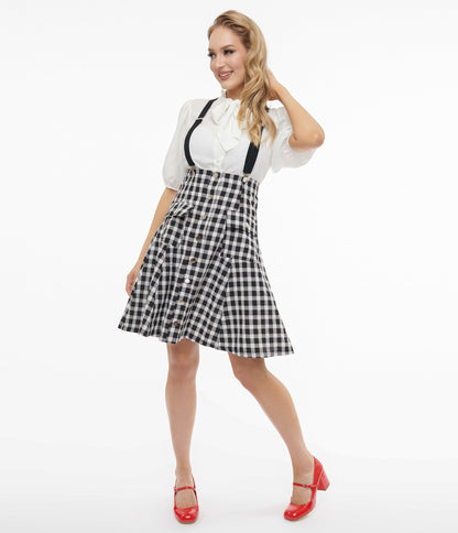 Unique Vintage 1950s Black & White Gingham Suspender Flare Skirt - Unique Vintage - Womens, BOTTOMS, SKIRTS