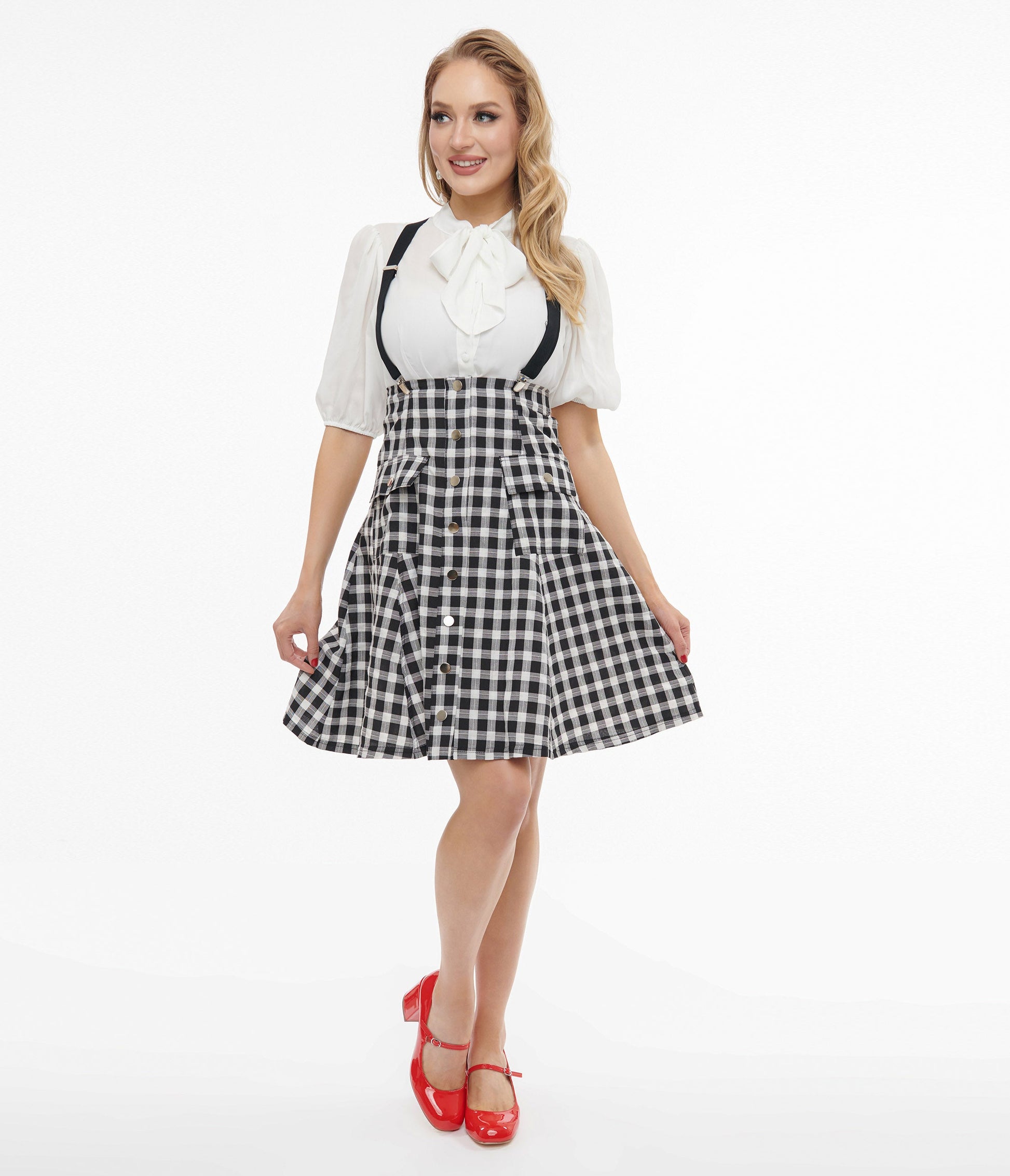 Unique Vintage 1950s Black & White Gingham Suspender Flare Skirt - Unique Vintage - Womens, BOTTOMS, SKIRTS