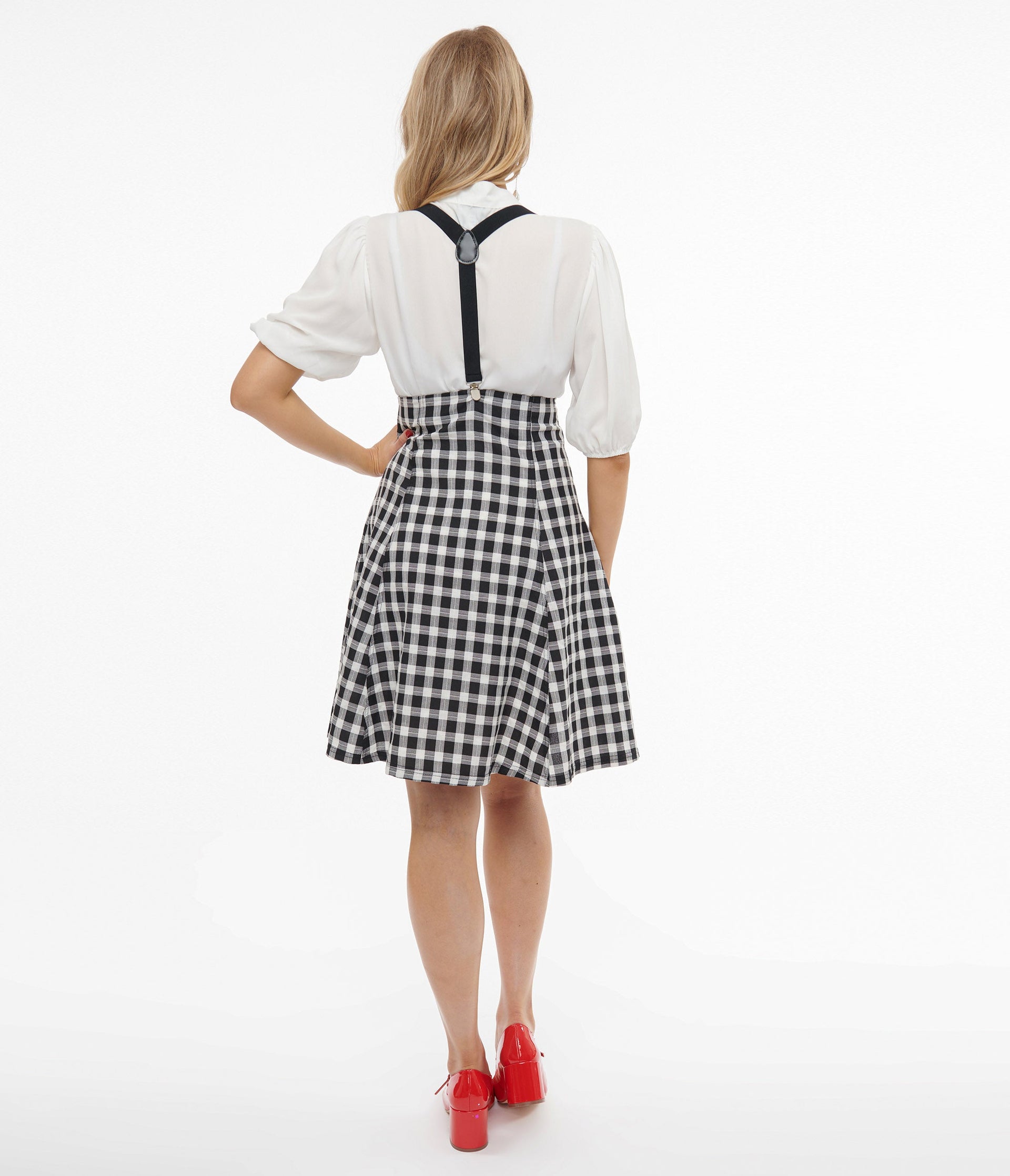 Unique Vintage 1950s Black & White Gingham Suspender Flare Skirt - Unique Vintage - Womens, BOTTOMS, SKIRTS