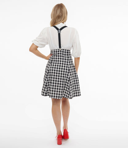 Unique Vintage 1950s Black & White Gingham Suspender Flare Skirt - Unique Vintage - Womens, BOTTOMS, SKIRTS