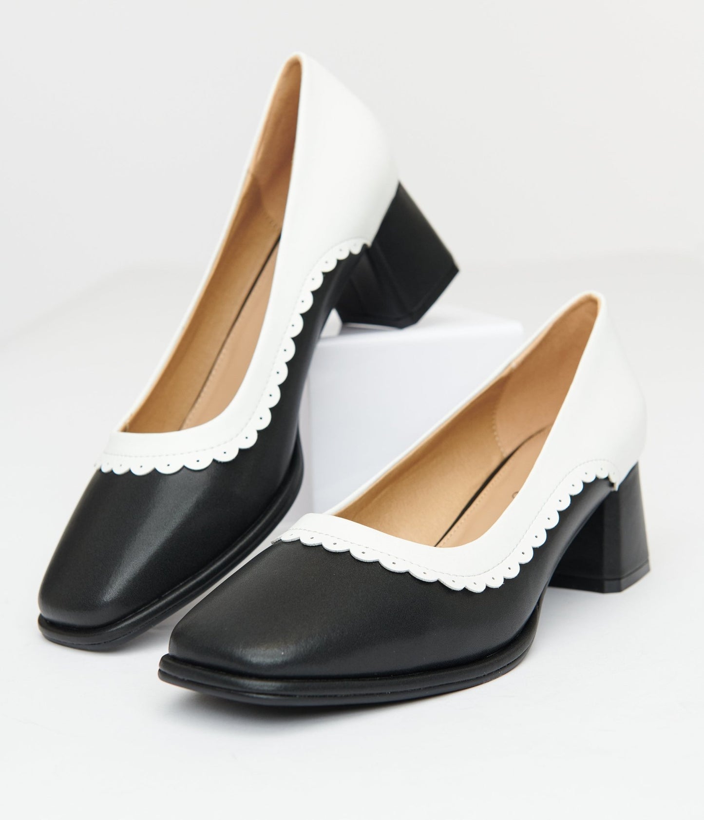 Unique Vintage 1950s Black & White Square Toe Pumps - Unique Vintage - Womens, SHOES, HEELS