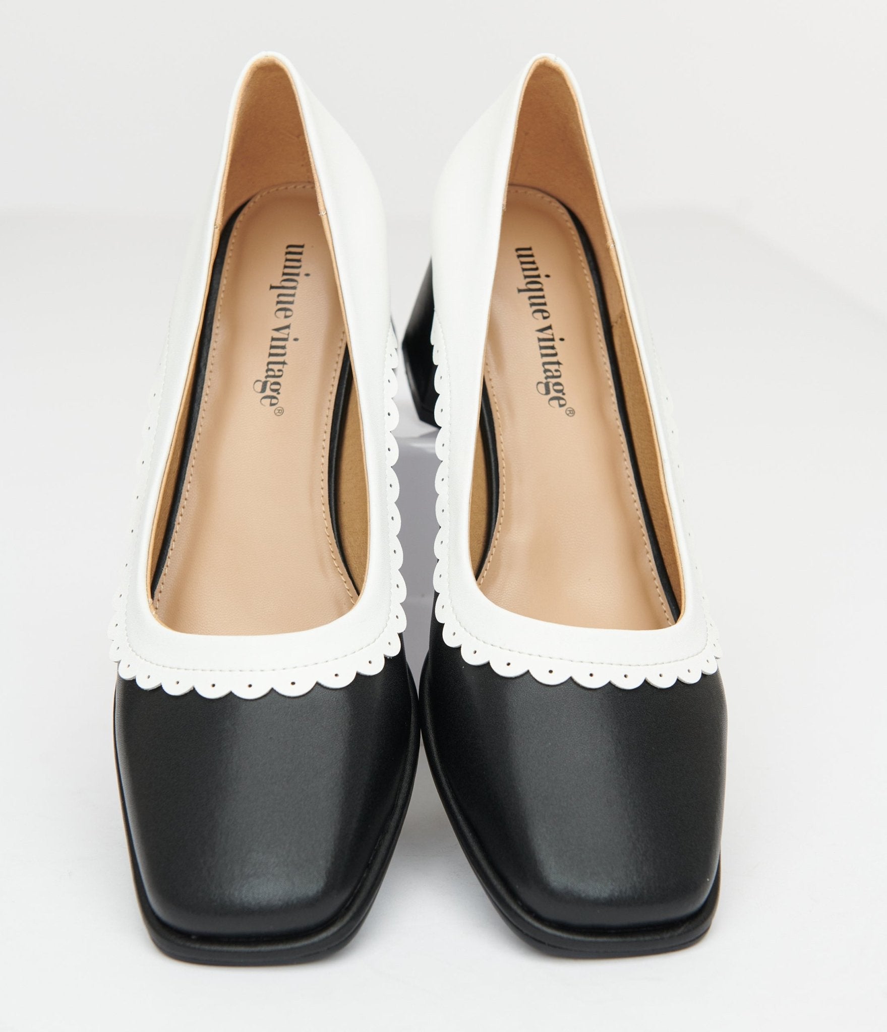 Unique Vintage 1950s Black & White Square Toe Pumps - Unique Vintage - Womens, SHOES, HEELS