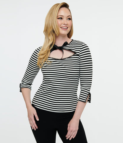 Unique Vintage 1950s Black & White Stripe Cutout Neck Tie Top - Unique Vintage - Womens, TOPS, KNIT TOPS