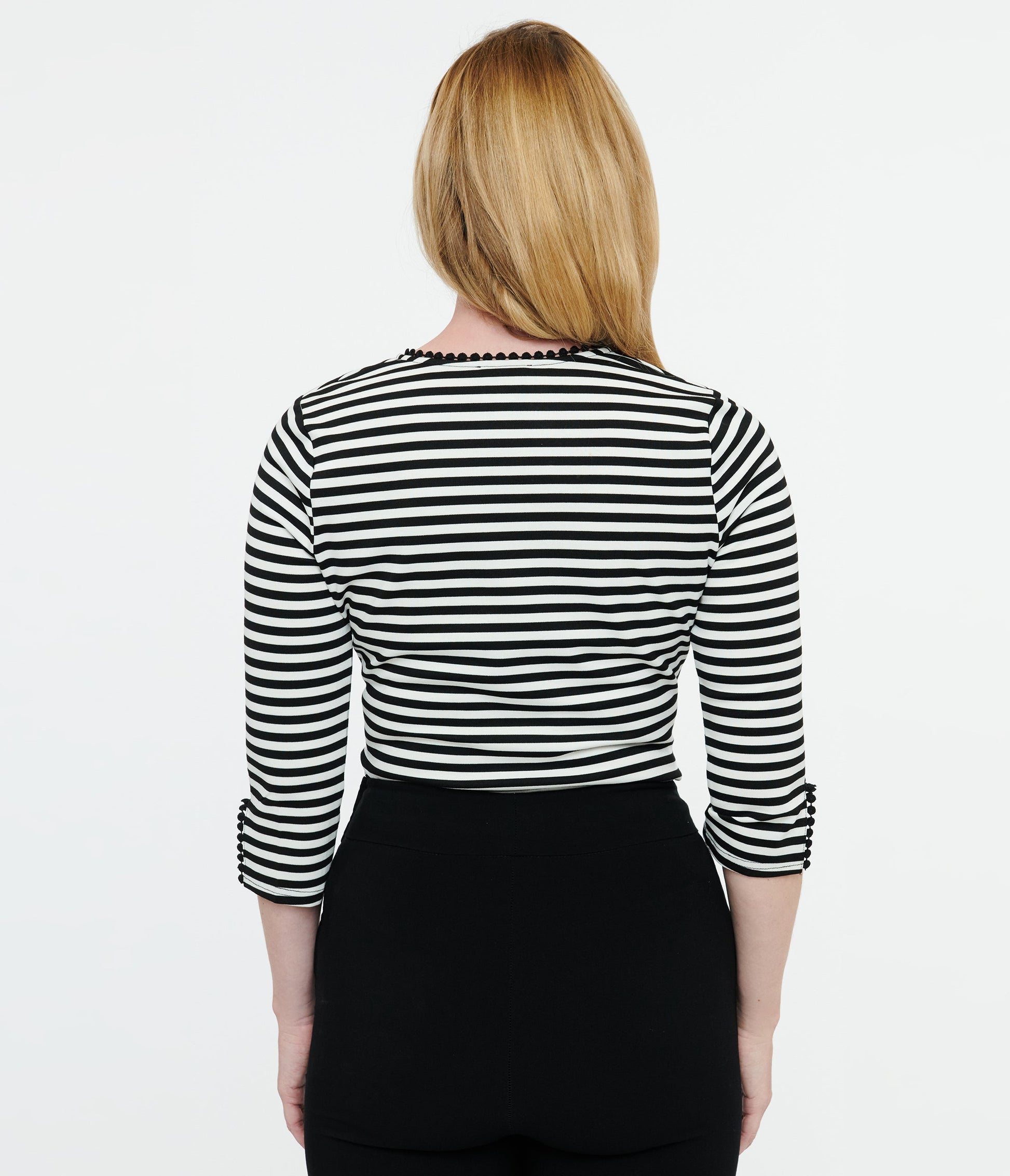 Unique Vintage 1950s Black & White Stripe Cutout Neck Tie Top - Unique Vintage - Womens, TOPS, KNIT TOPS