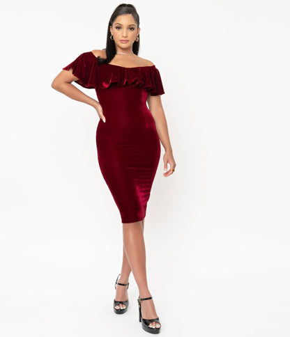 Unique Vintage 1950s Burgundy Red Velvet Sophia Wiggle Dress - Unique Vintage - Womens, DRESSES, WIGGLE