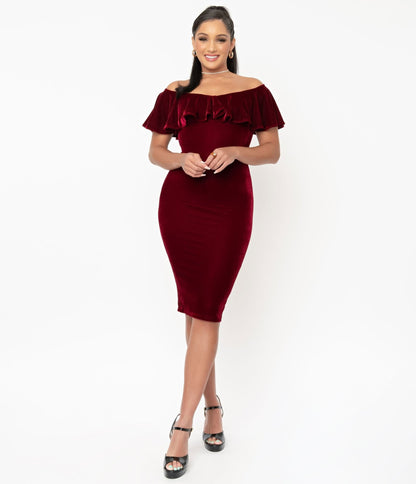 Unique Vintage 1950s Burgundy Red Velvet Sophia Wiggle Dress - Unique Vintage - Womens, DRESSES, WIGGLE